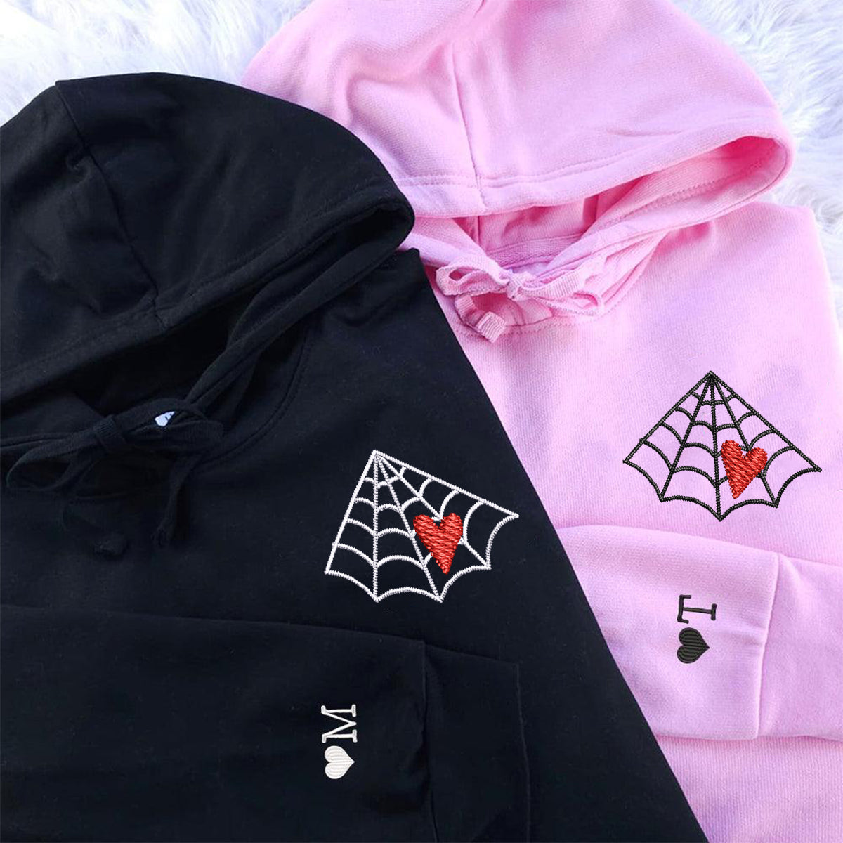 Benutzerdefinierte bestickte Spinnennetz Liebe rotes Herz passende Hoodies für Paare