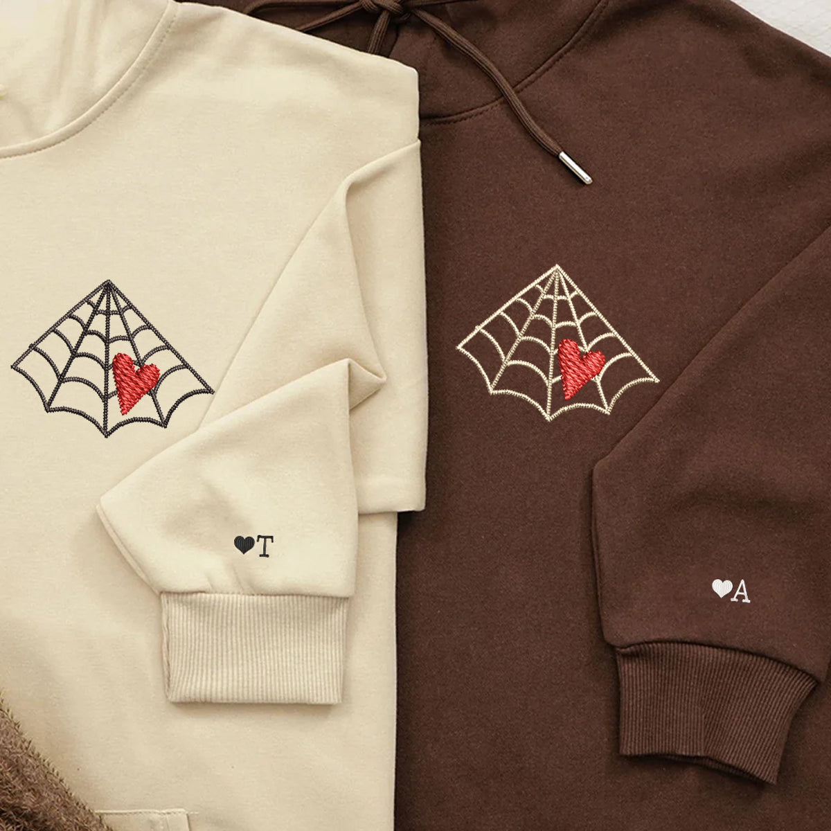 Benutzerdefinierte bestickte Spinnennetz Liebe rotes Herz passende Hoodies für Paare