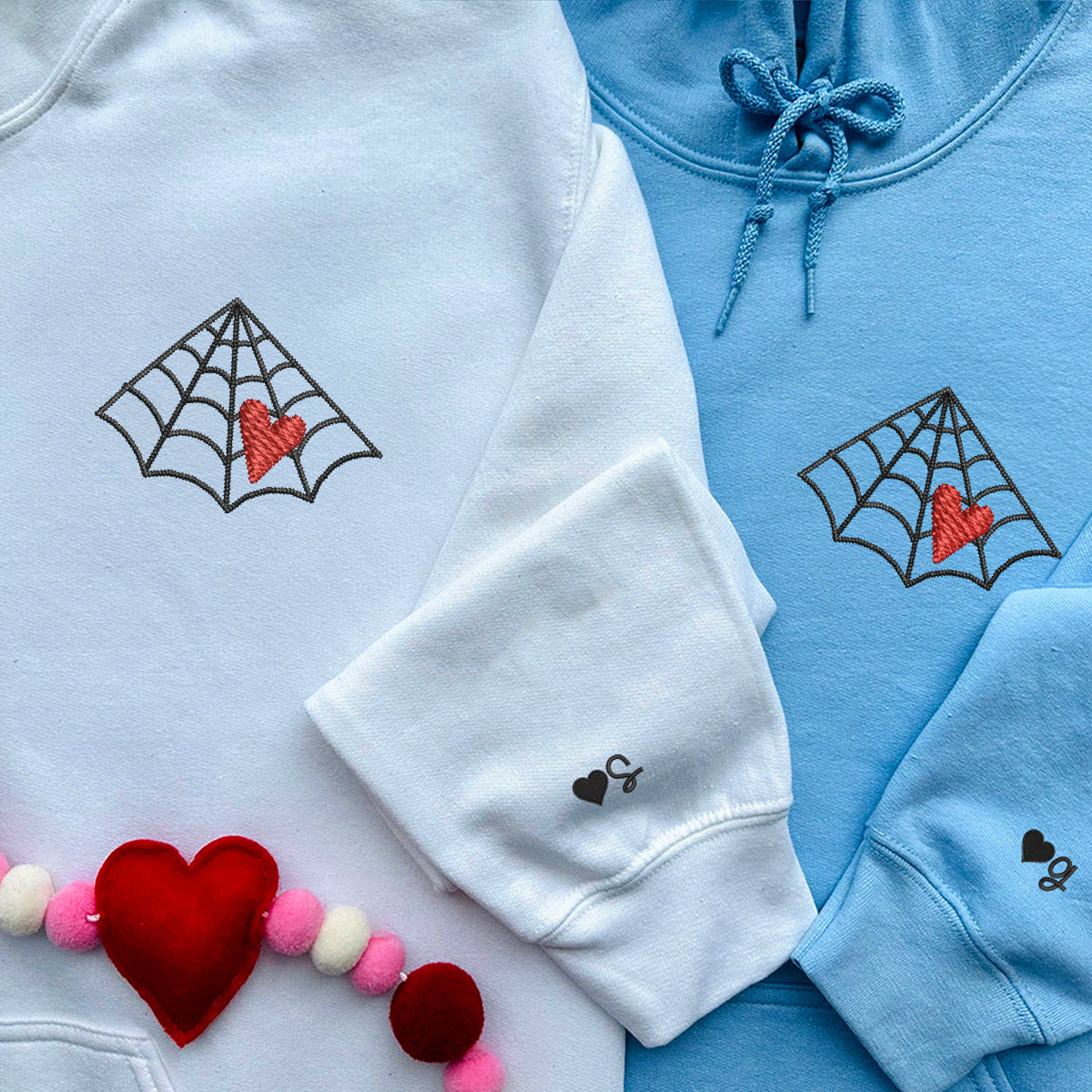 Benutzerdefinierte bestickte Spinnennetz Liebe rotes Herz passende Hoodies für Paare