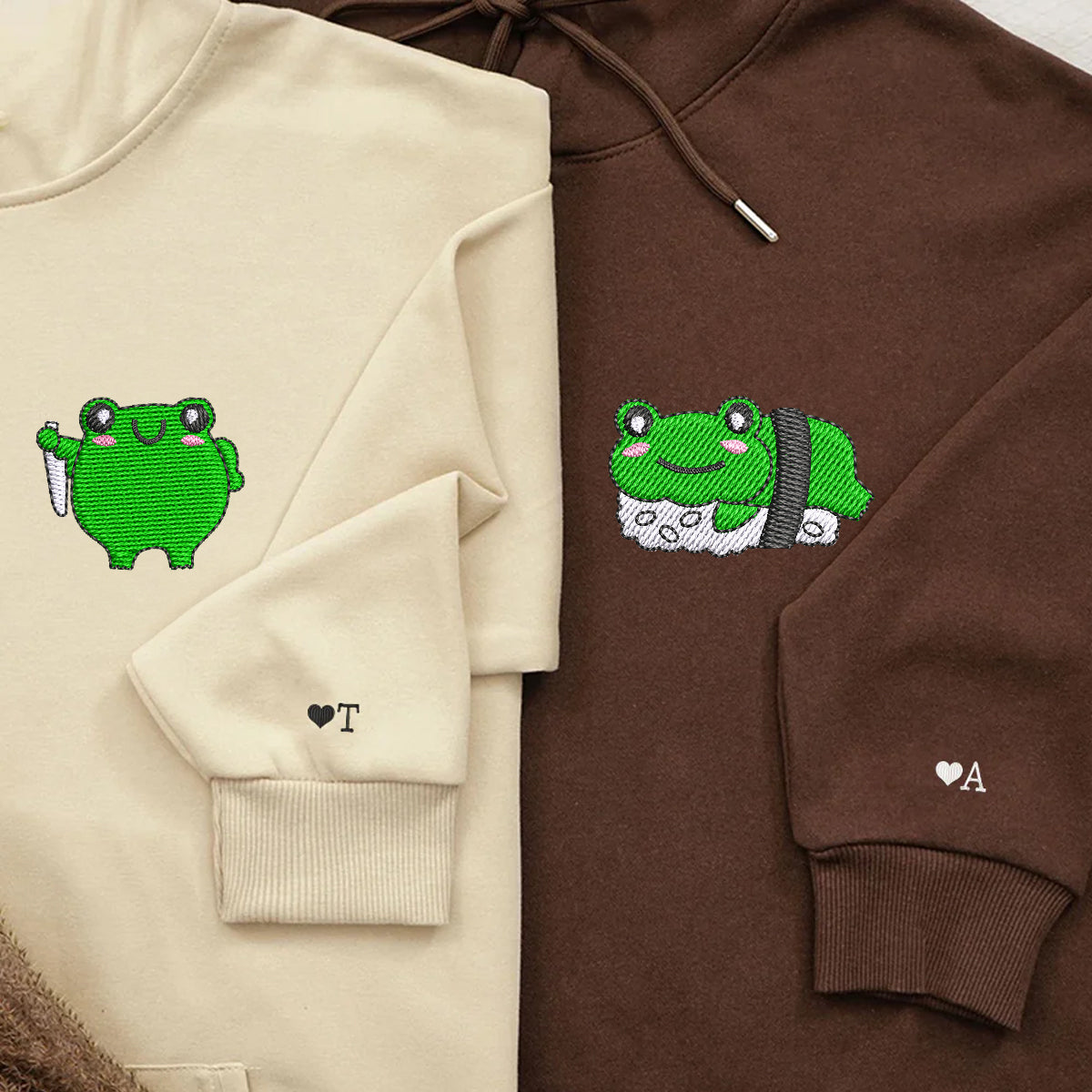 Individuell bestickte Sushi-Frösche Passende Hoodies für Paare
