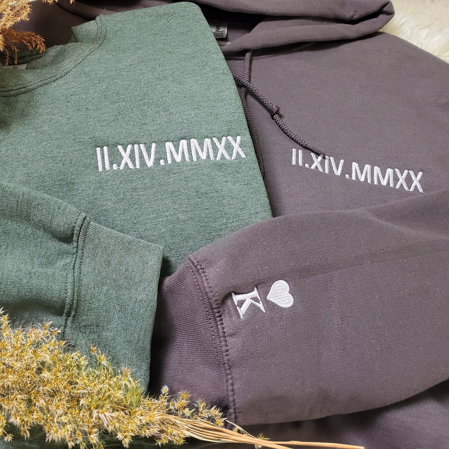 Custom Roman Numeral Date Matching Hoodies for Couples – Personalized Initial & Anniversary Gift – Custom Embroidered His and Hers Sweatshirts