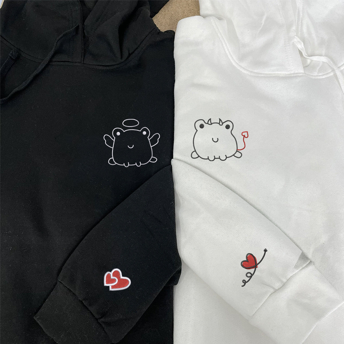 Individuell bestickte Engel & Teufelsfrosch-Kapuzenpullover für Paare