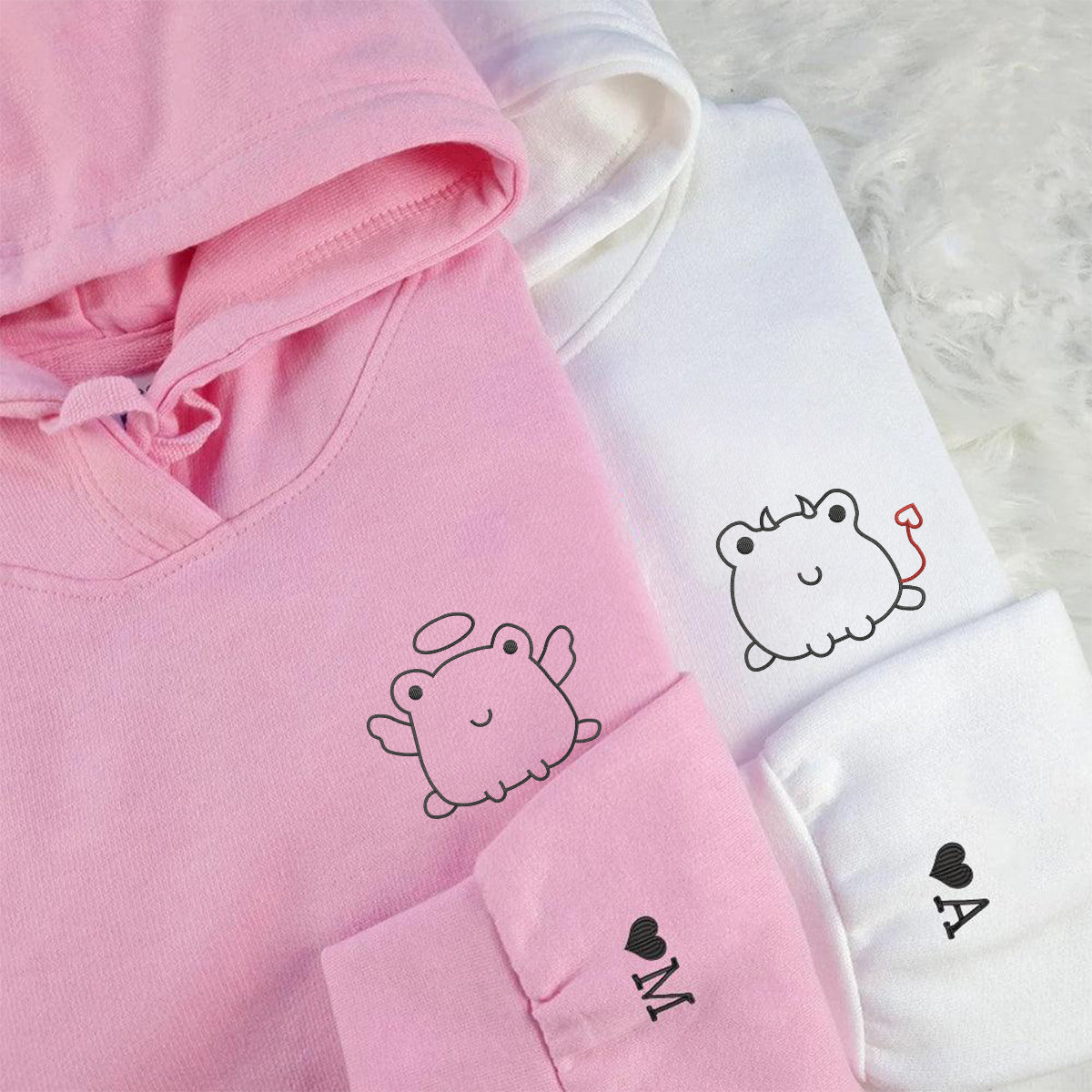Individuell bestickte Engel & Teufelsfrosch-Kapuzenpullover für Paare