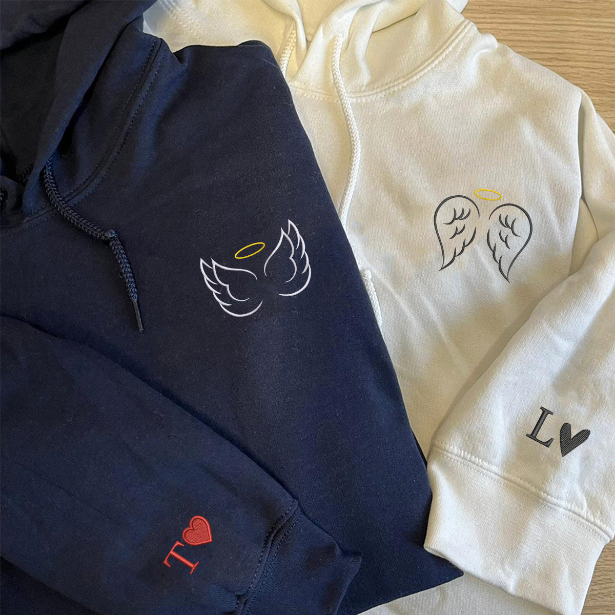 Individuell bestickte Engel- und Dämonenkatze-Kapuzenpullover für Paare
