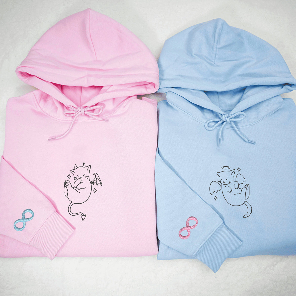 Individuell bestickte Engel- und Dämonenkatze-Kapuzenpullover für Paare