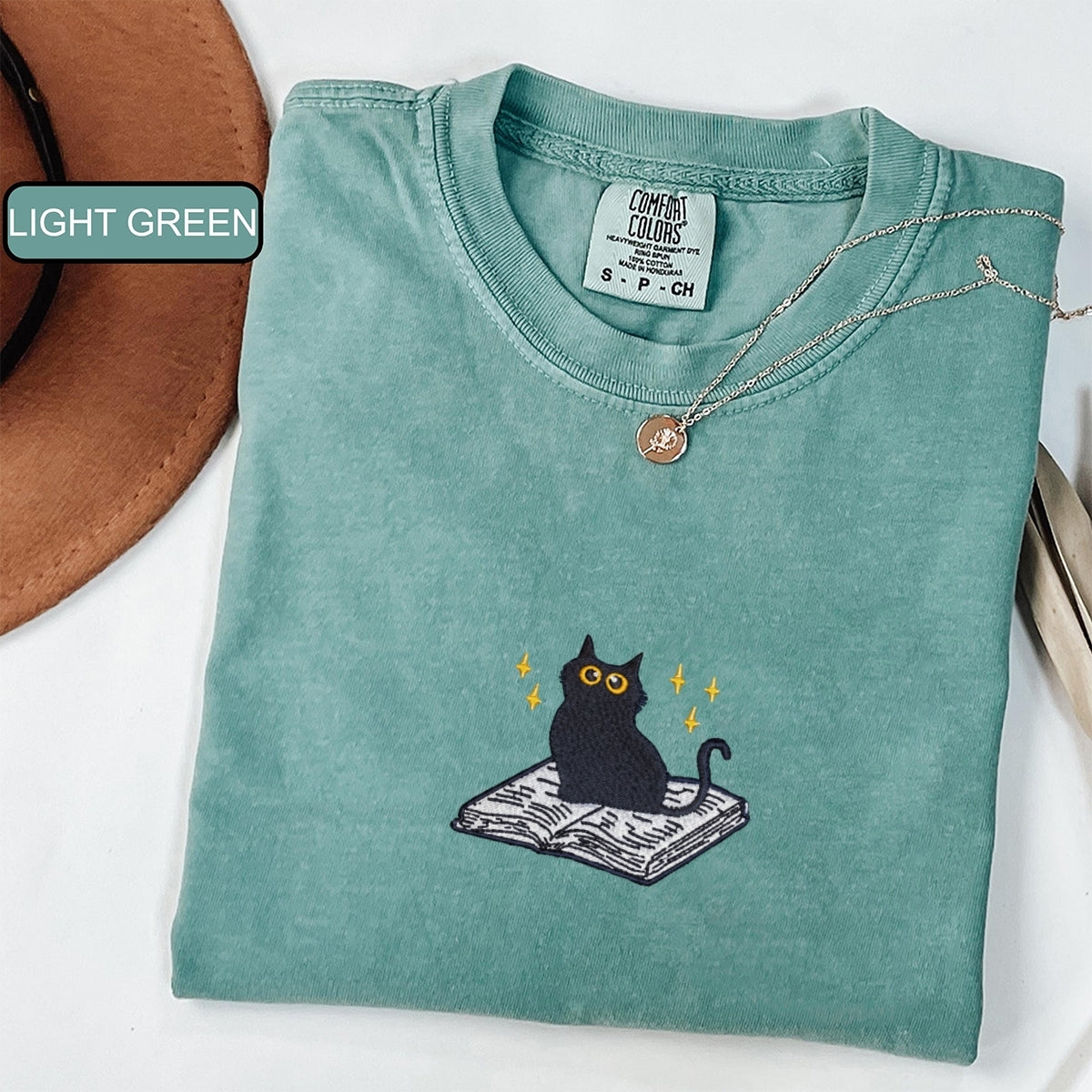 Custom Embroidered Black Cat Book T-Shirt - Cute Reader Gift Tee
