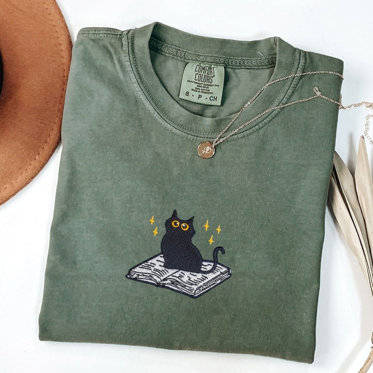 Custom Embroidered Black Cat Book T-Shirt - Cute Reader Gift Tee