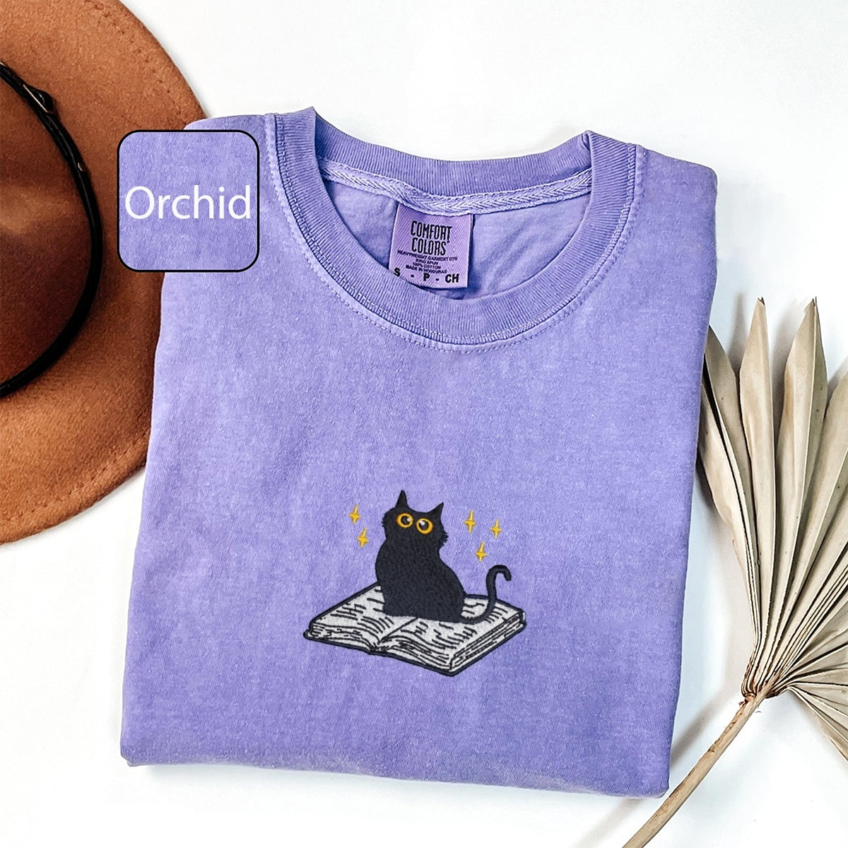 Custom Embroidered Black Cat Book T-Shirt - Cute Reader Gift Tee