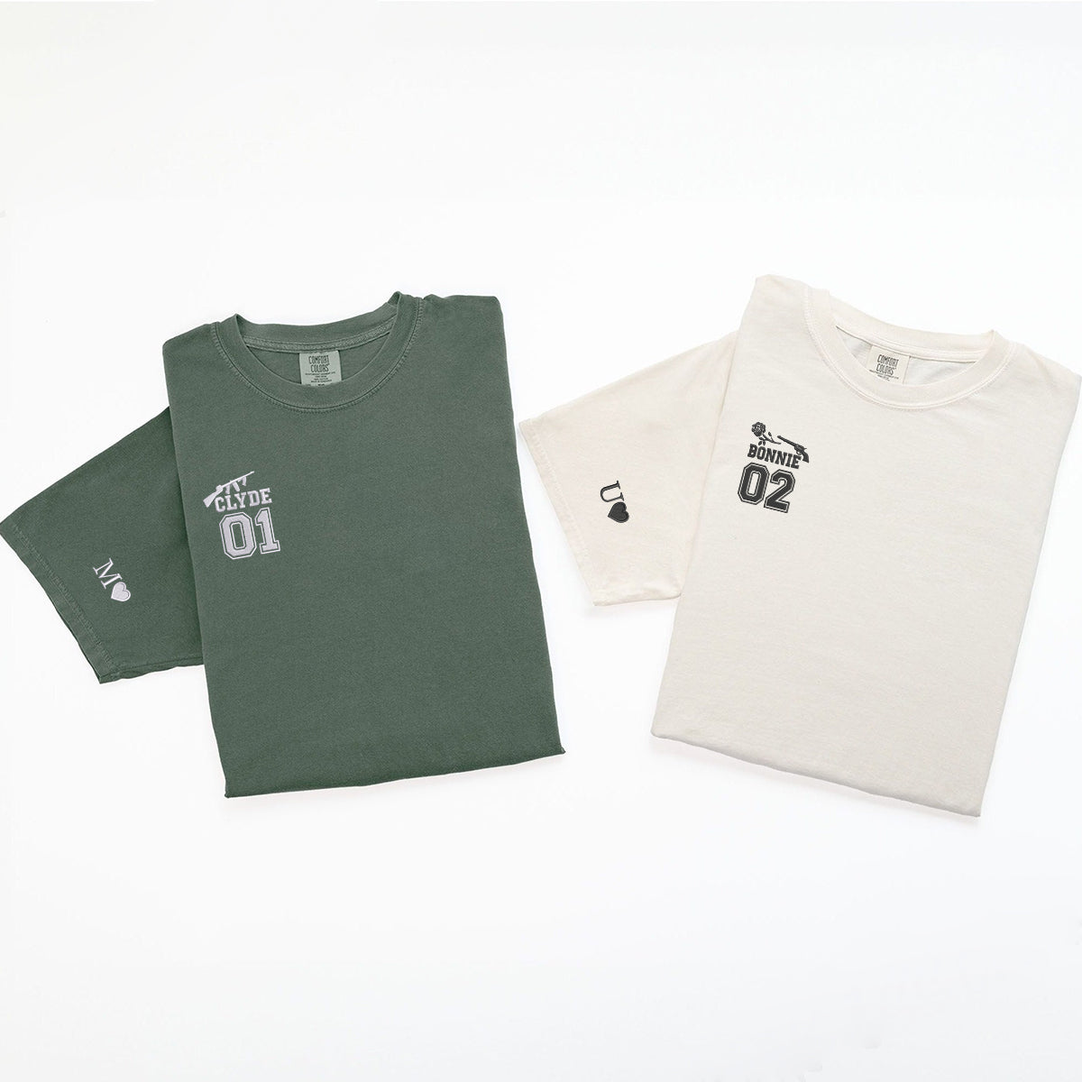 Individuell bestickte Bonnie und Clyde Varsity passende T-Shirts für Paare