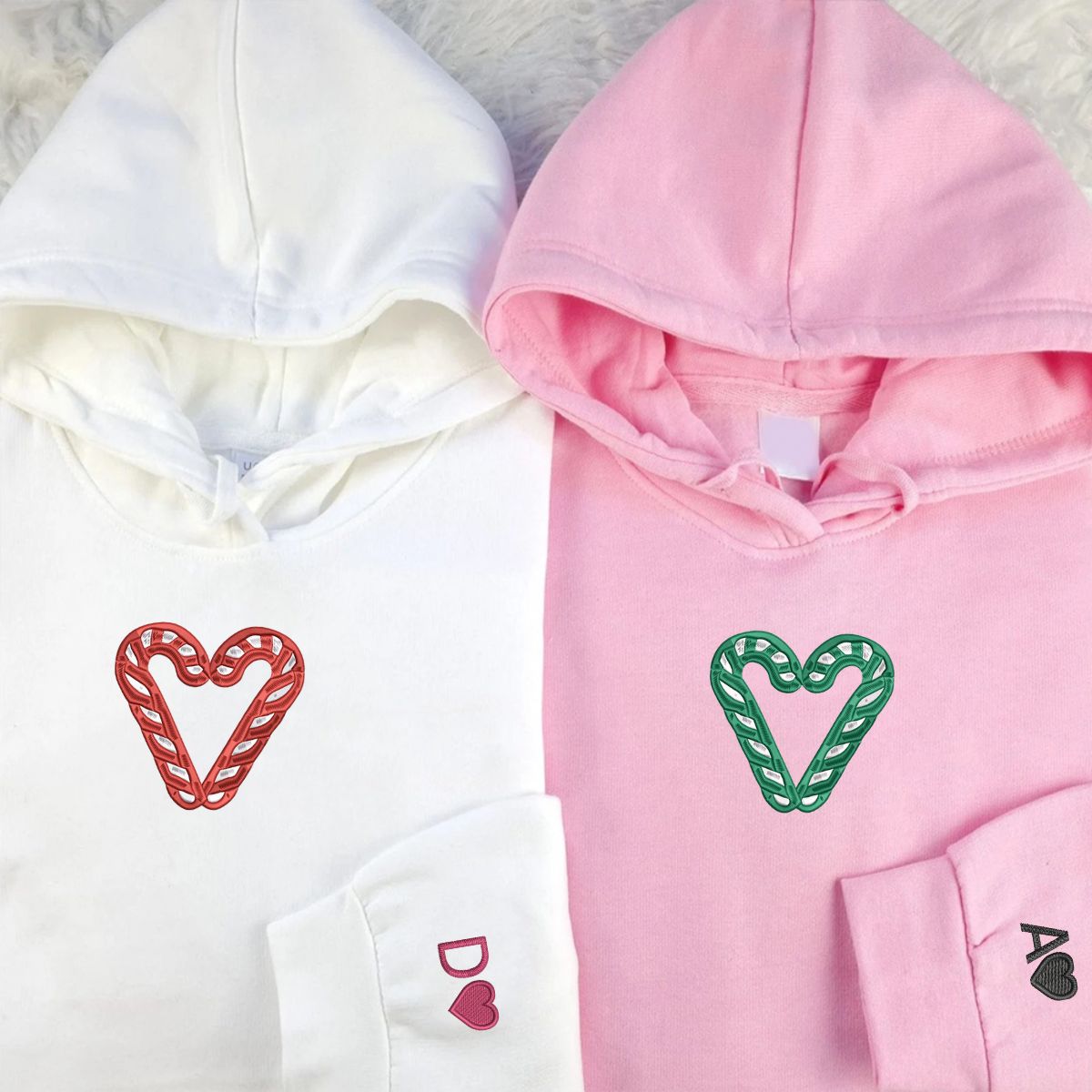 Individuell bestickte Hoodies mit Zuckerstangenmotiv für Paare