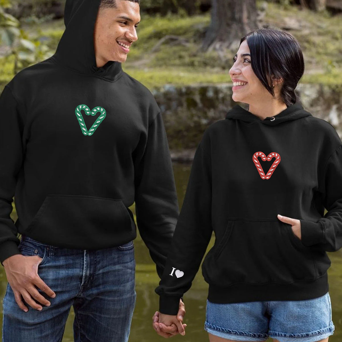 Individuell bestickte Hoodies mit Zuckerstangenmotiv für Paare