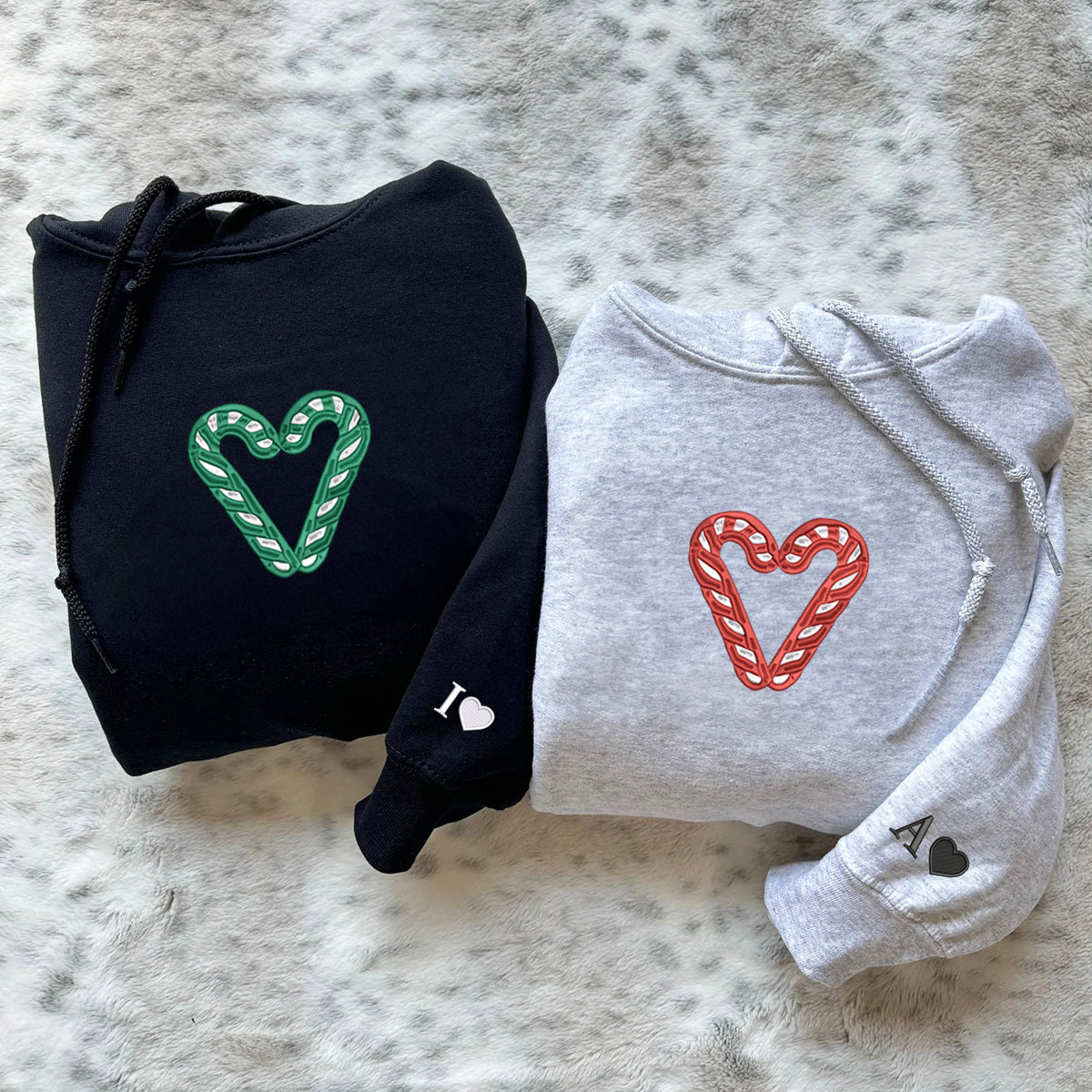 Individuell bestickte Hoodies mit Zuckerstangenmotiv für Paare