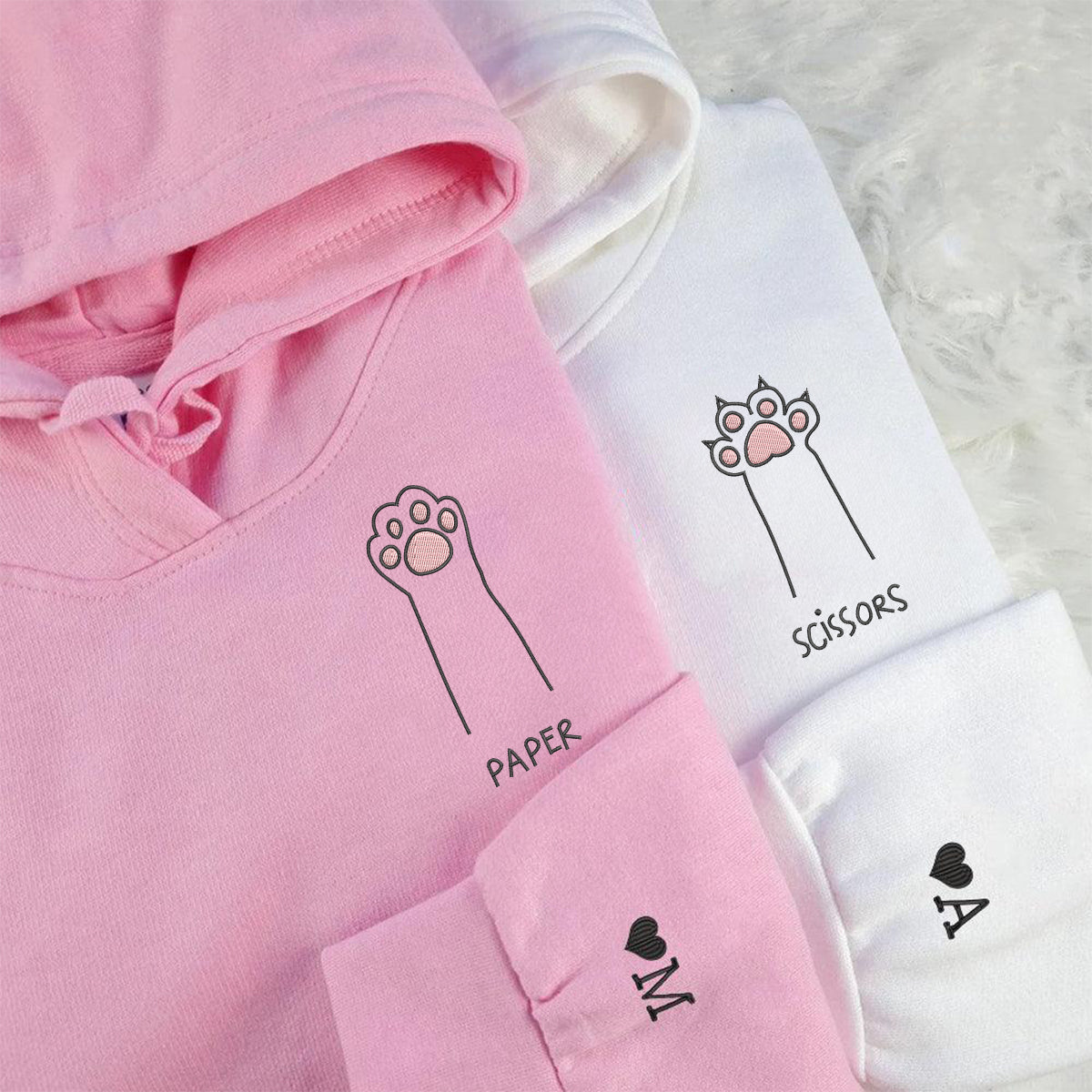 Individuell bestickte Katzenpfote Schere Stein Papier Passende Hoodies für Paare
