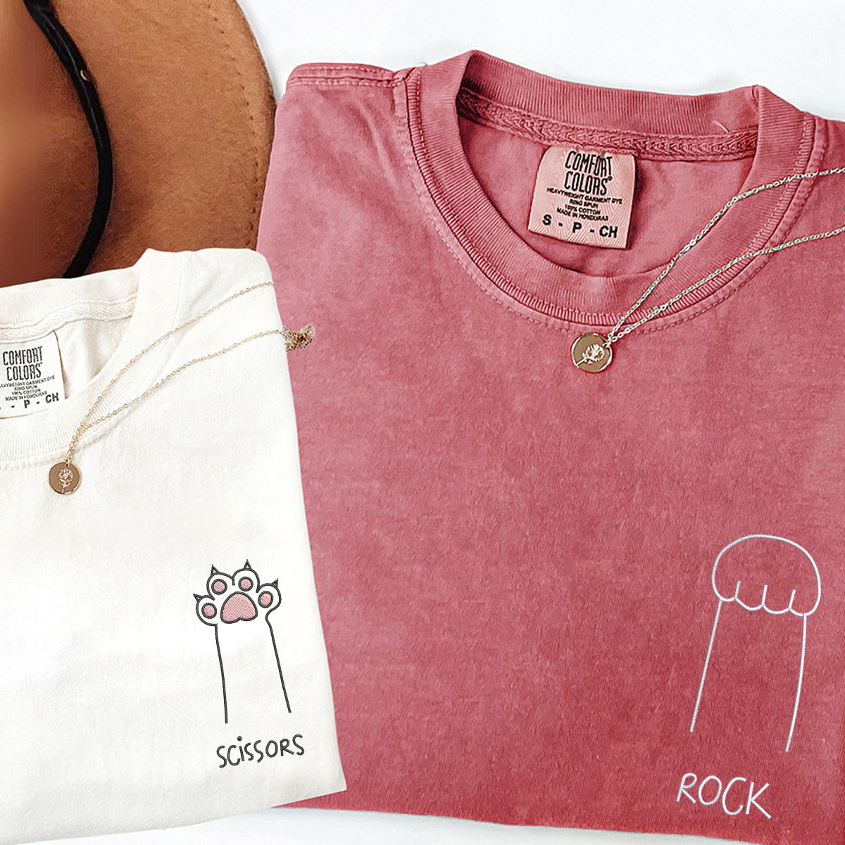 Individuell bestickte Katzenpfote Schere Stein Papier Passende T-Shirts für Paare