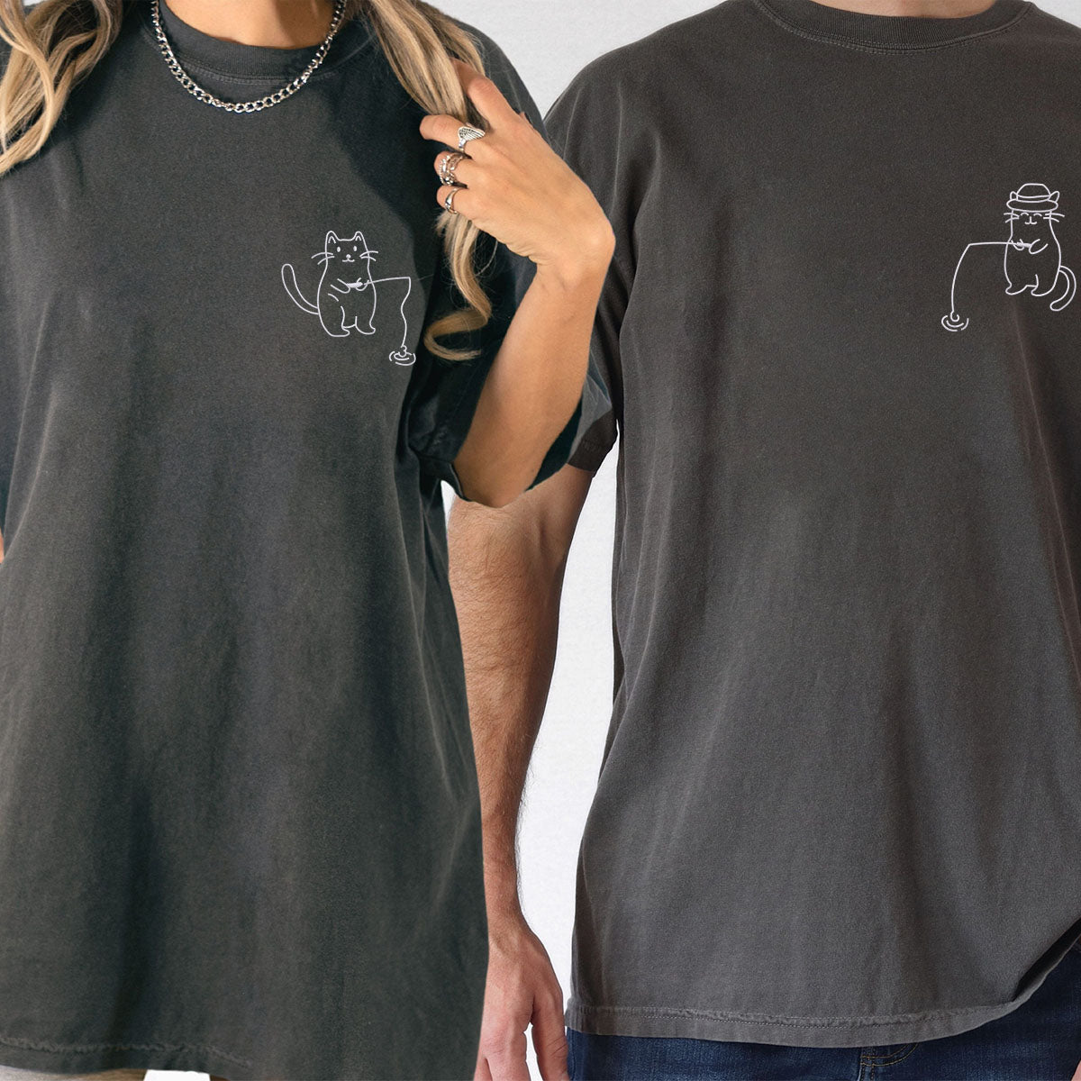 Custom Embroidered Cats Fishing Matching T-shirts for Couples
