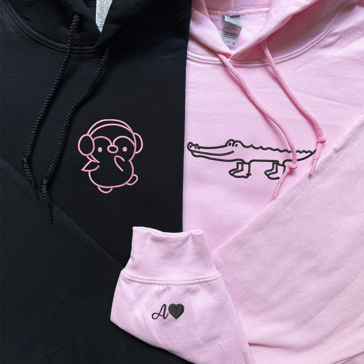 Individuell bestickte Krokodil- und Pinguin-Kapuzenpullover für Paare