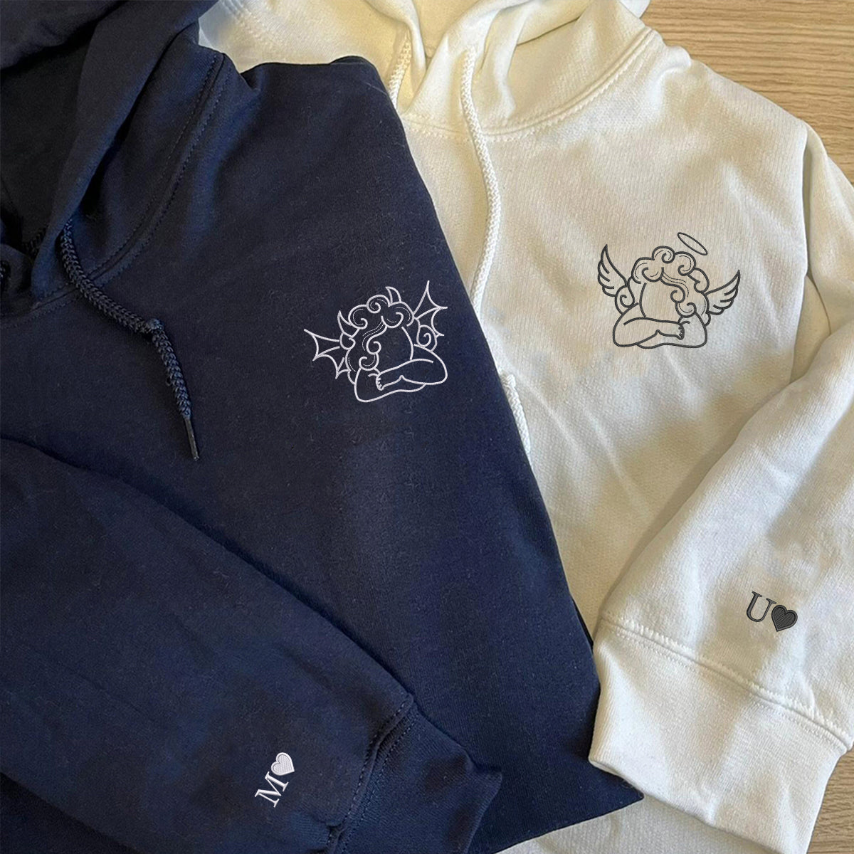 Individuell bestickte Engel- und Dämonenkatze-Kapuzenpullover für Paare