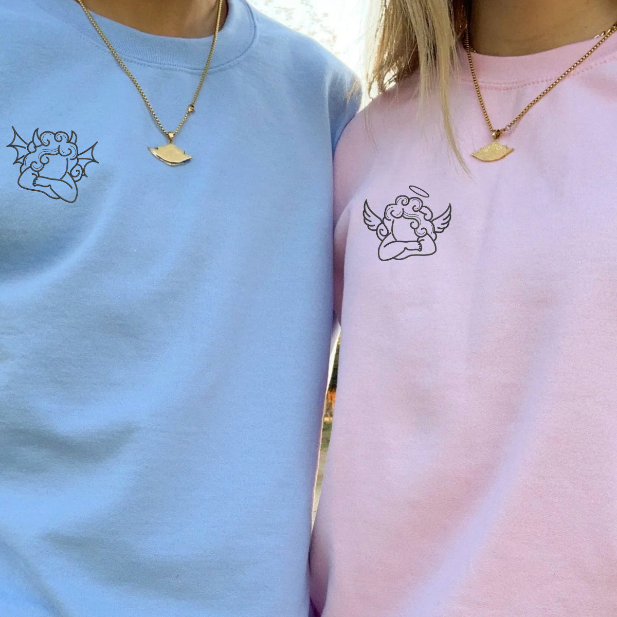 Individuell bestickte Engel- und Dämonenkatze-Kapuzenpullover für Paare