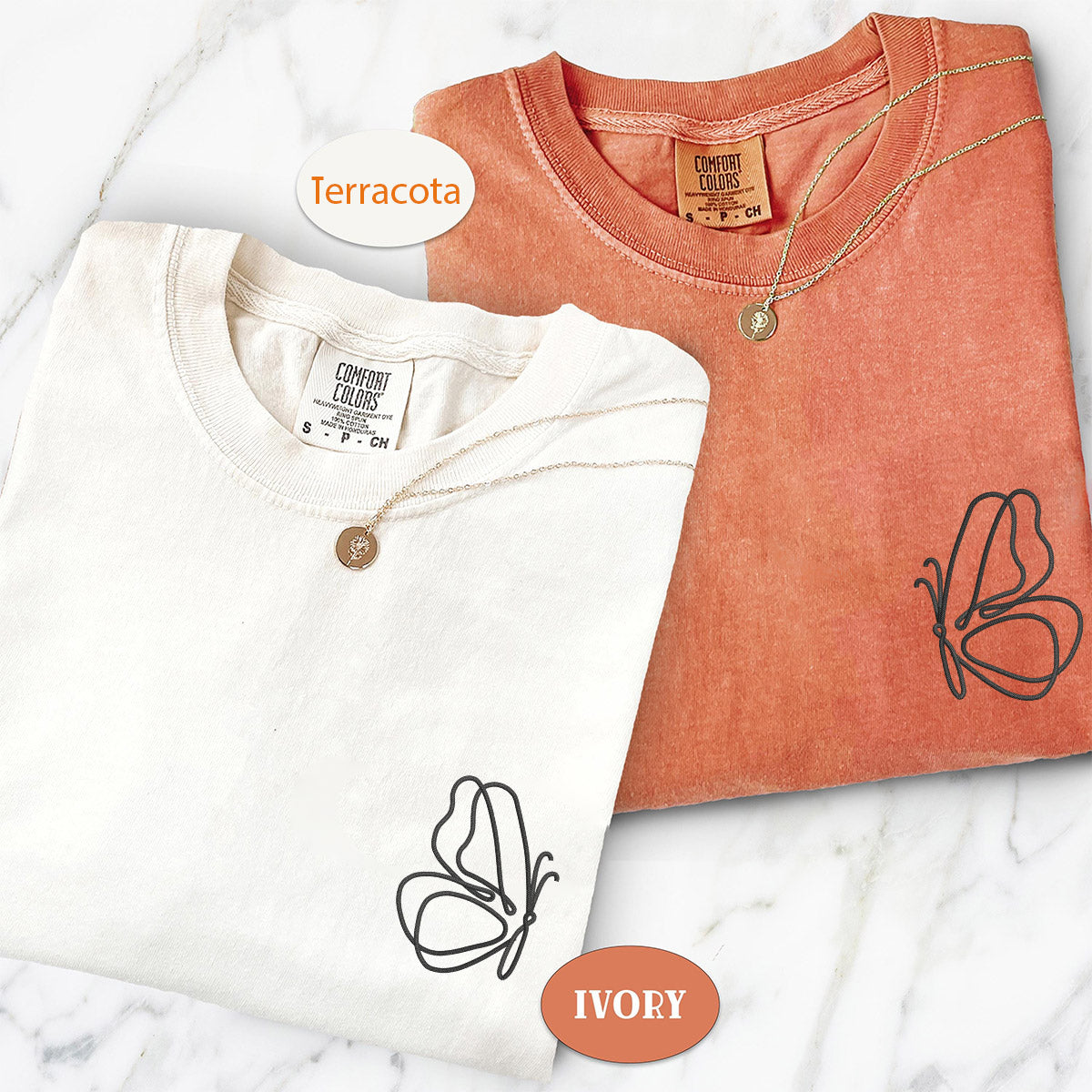 T-shirts assortis personnalisés avec papillons mignons brodés pour couples