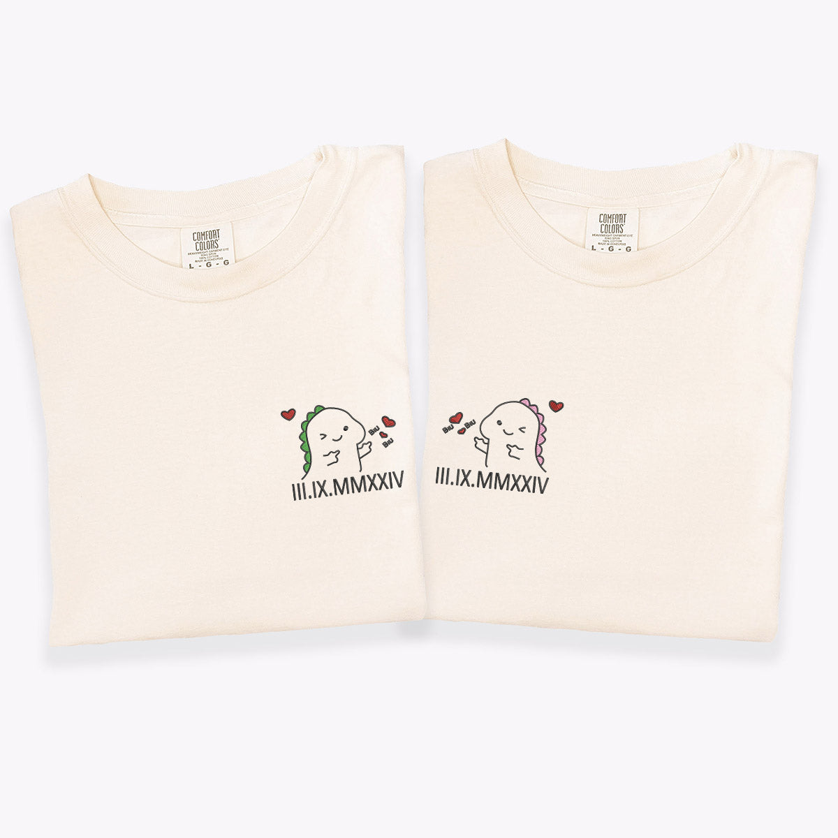 Custom Embroidered Cute Dino Roman Numeral Matching T-shirts for Couples
