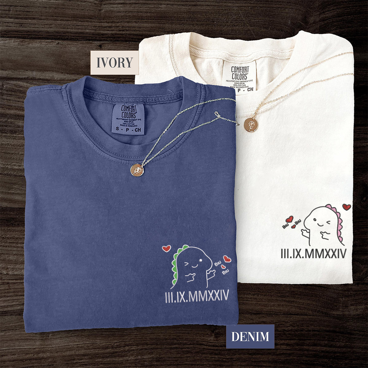 T-shirts personnalisés brodés avec chiffres romains et dinosaures pour couples