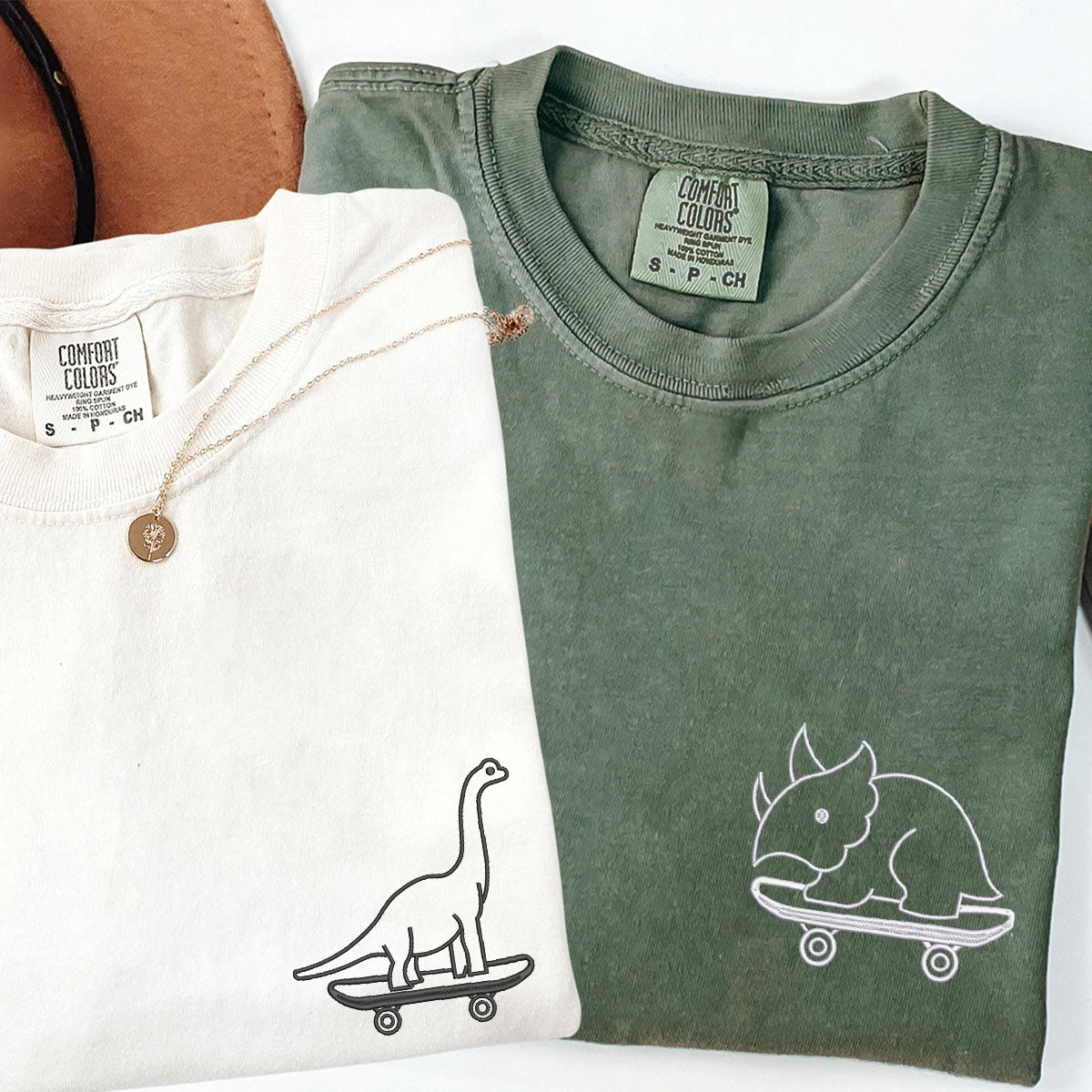 Custom Embroidered Cute Dinosaurs Skaters Matching T-shirts for Couples