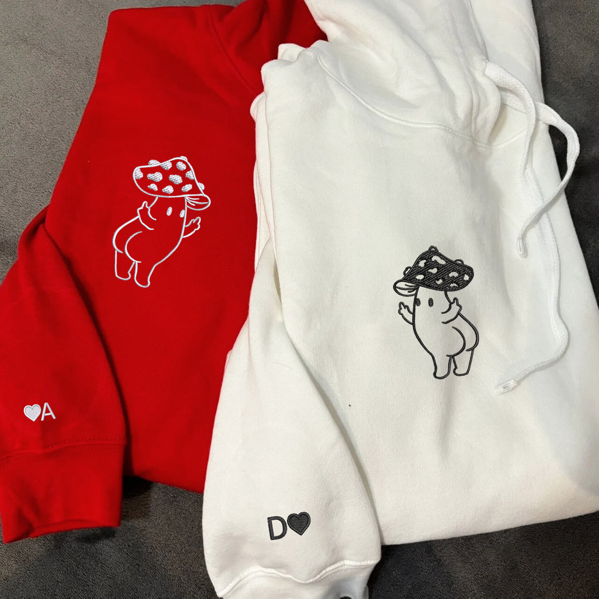 Benutzerdefinierte bestickte süße Hände Pilz passende Hoodies für Paare