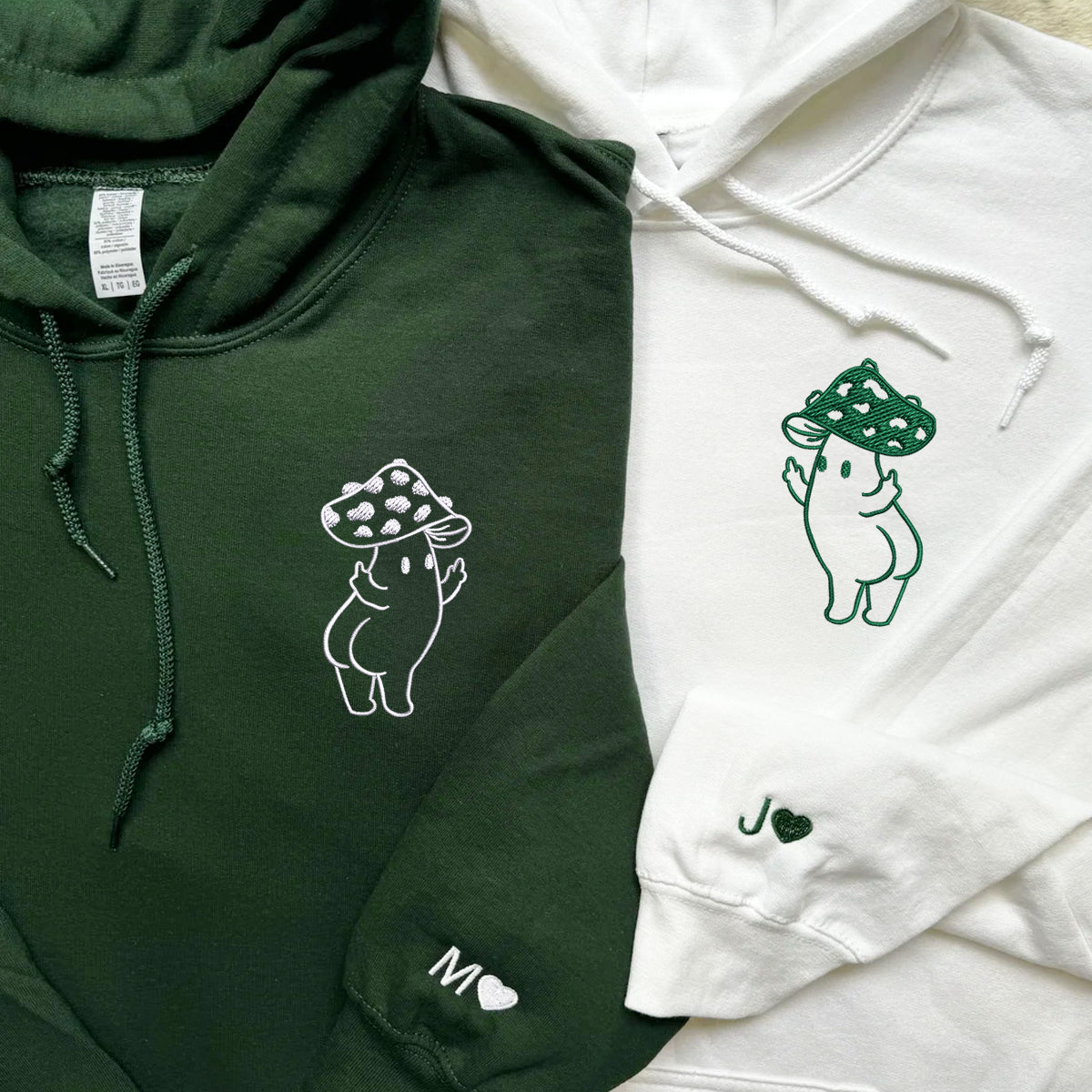 Benutzerdefinierte bestickte süße Hände Pilz passende Hoodies für Paare
