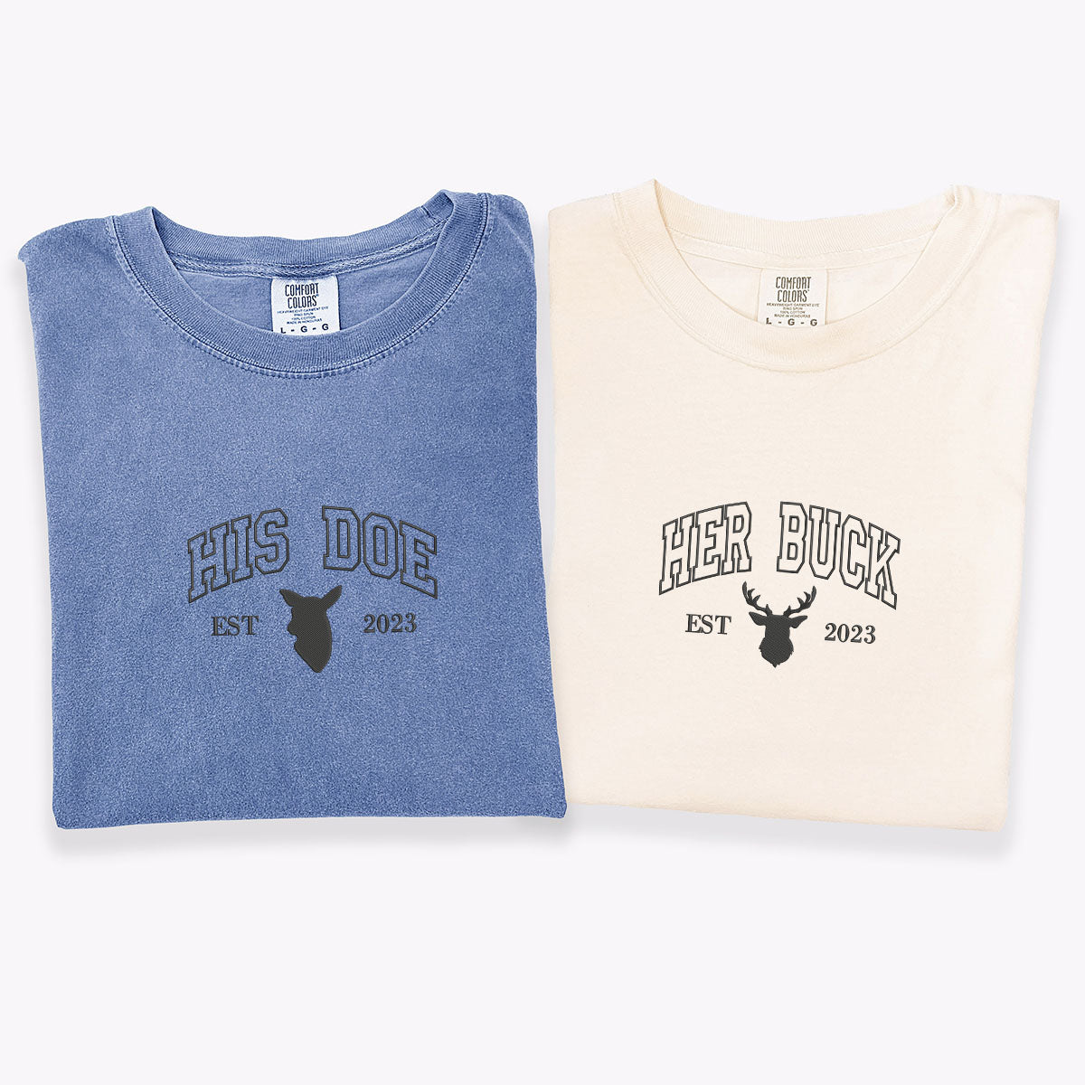 T-shirts personnalisés brodés « Doe Buck Est Year » assortis pour couples