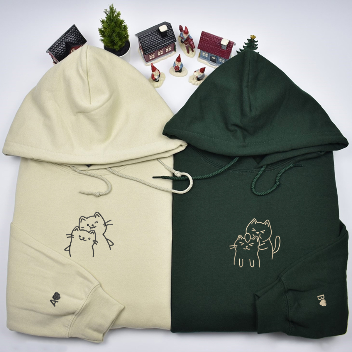 Individuell bestickte Doodle Cat Love Passende Hoodies für Paare