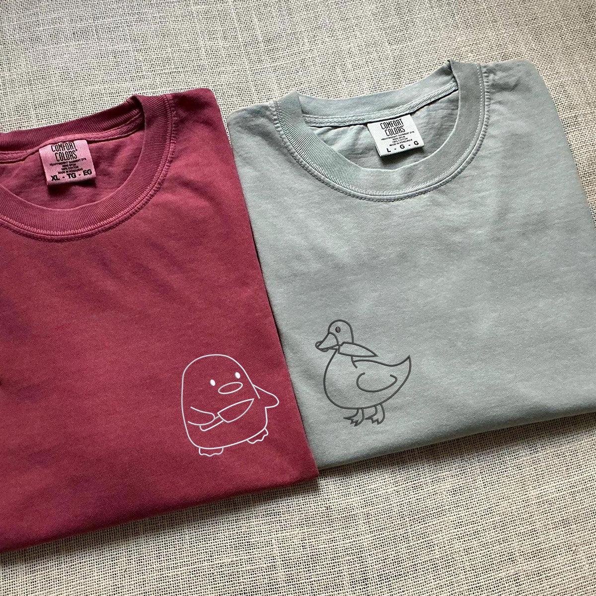 T-shirts assortis brodés personnalisés avec motif canard, oie et canard pour couples