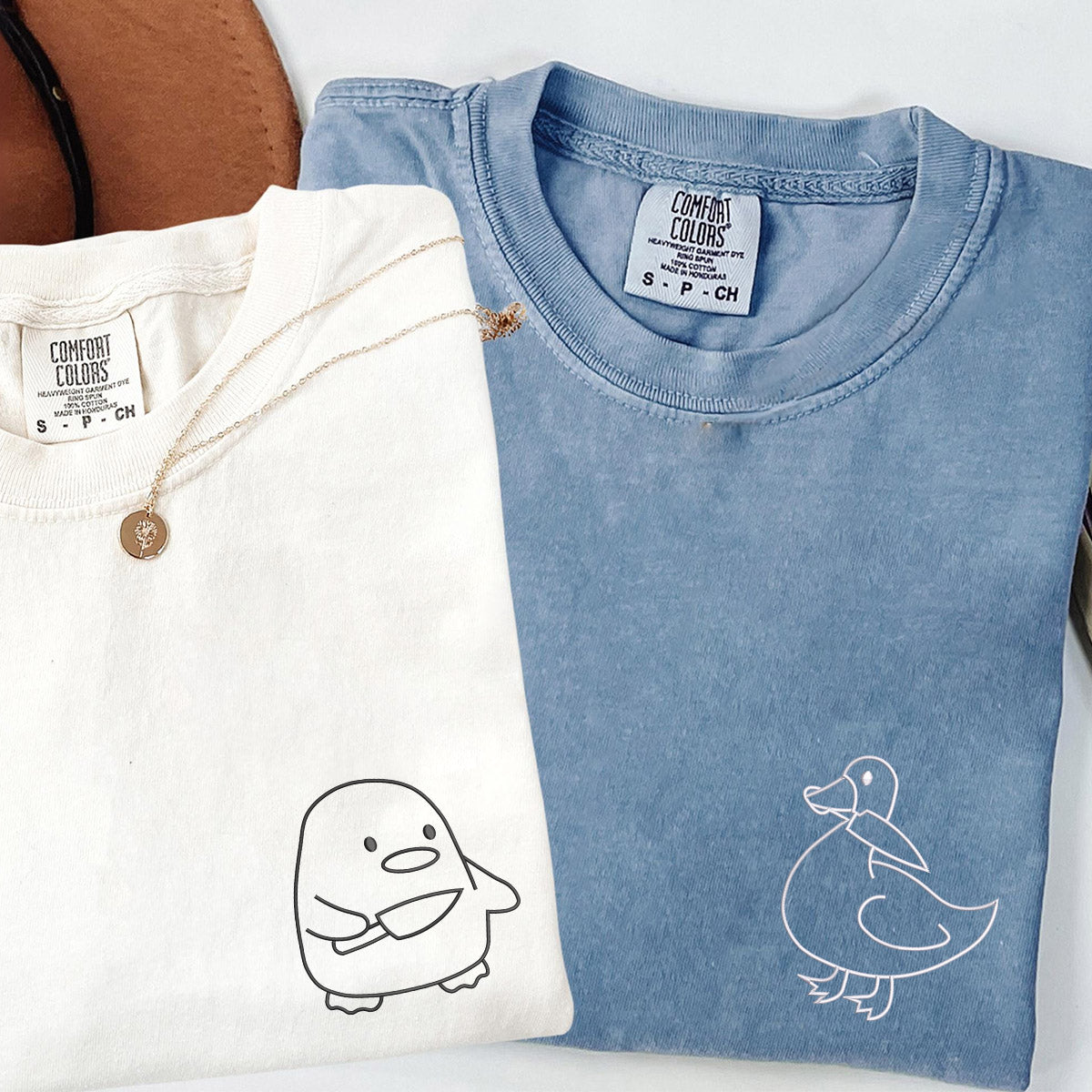 T-shirts assortis brodés personnalisés avec motif canard, oie et canard pour couples