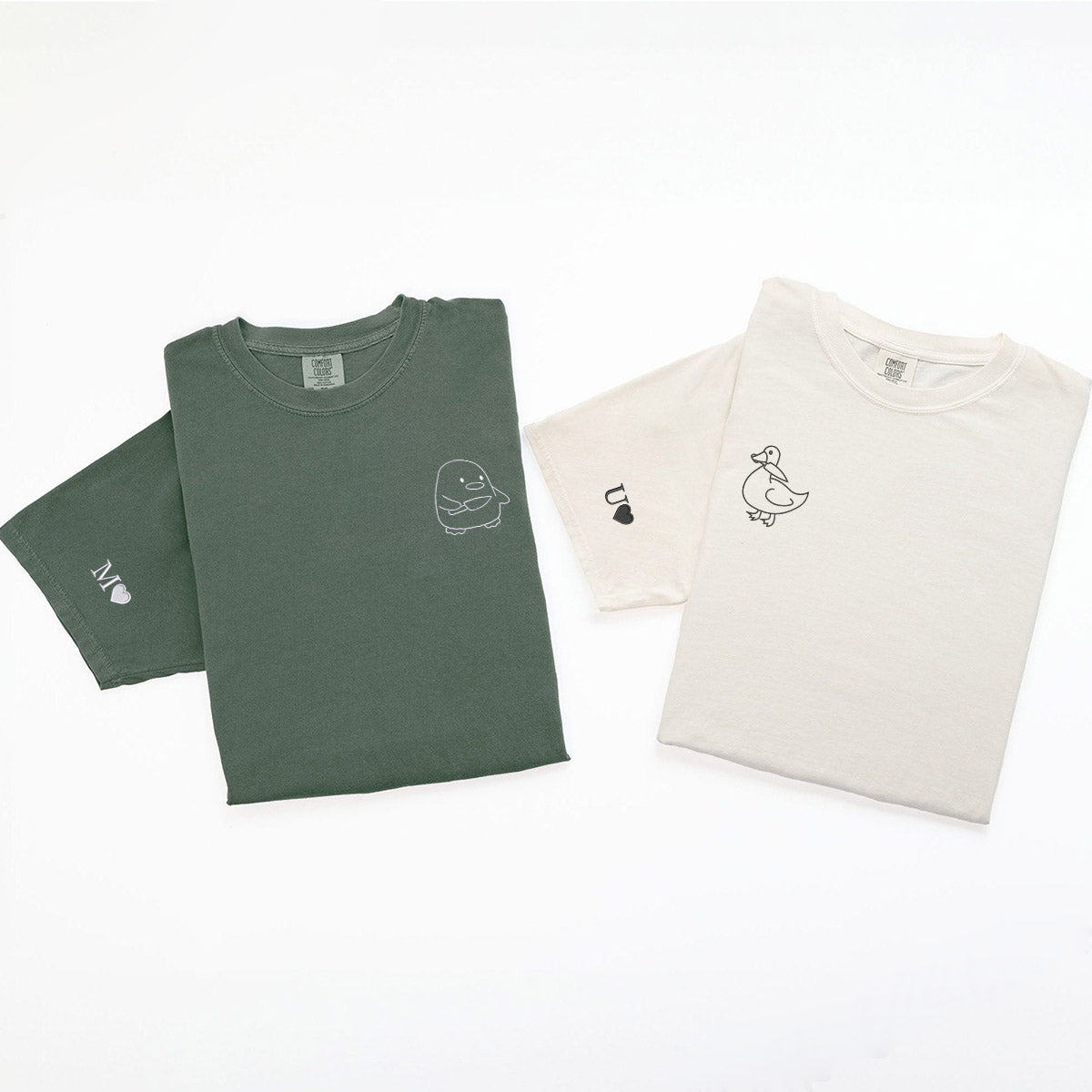 T-shirts assortis brodés personnalisés avec motif canard, oie et canard pour couples