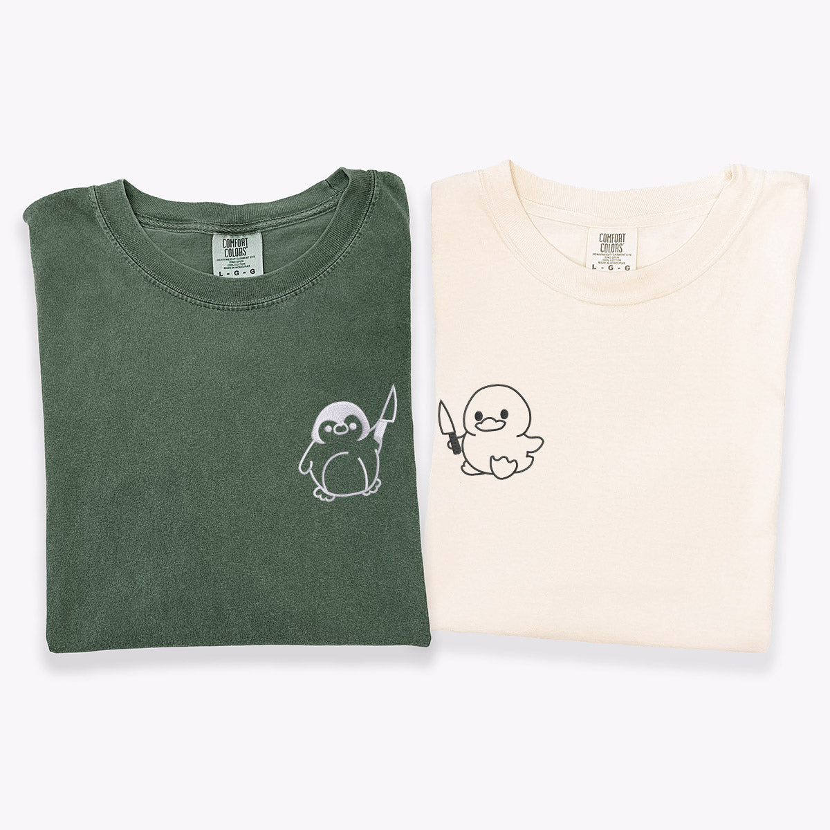 T-shirts personnalisés brodés avec un canard et un pingouin avec un couteau, assortis pour couples