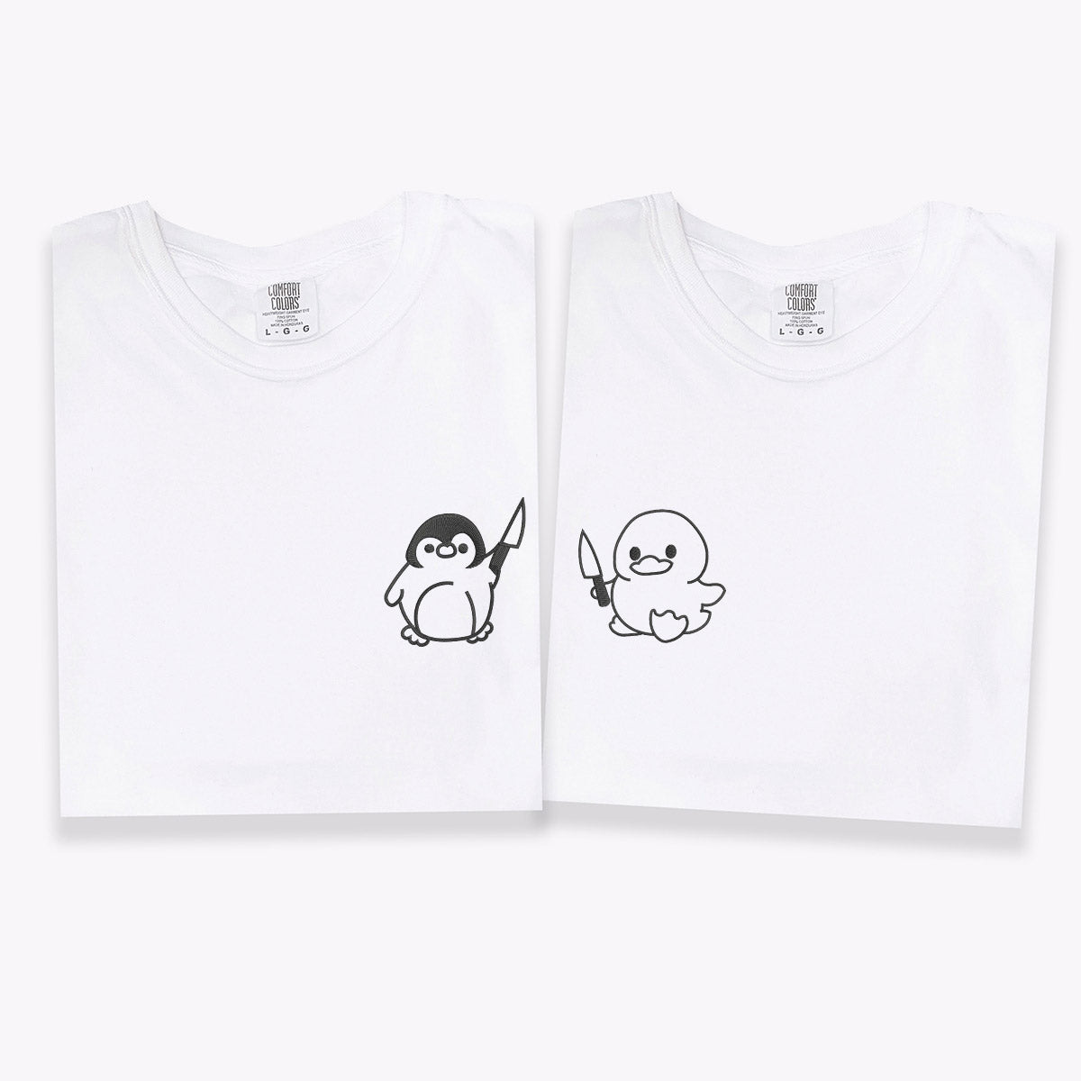 T-shirts personnalisés brodés avec un canard et un pingouin avec un couteau, assortis pour couples