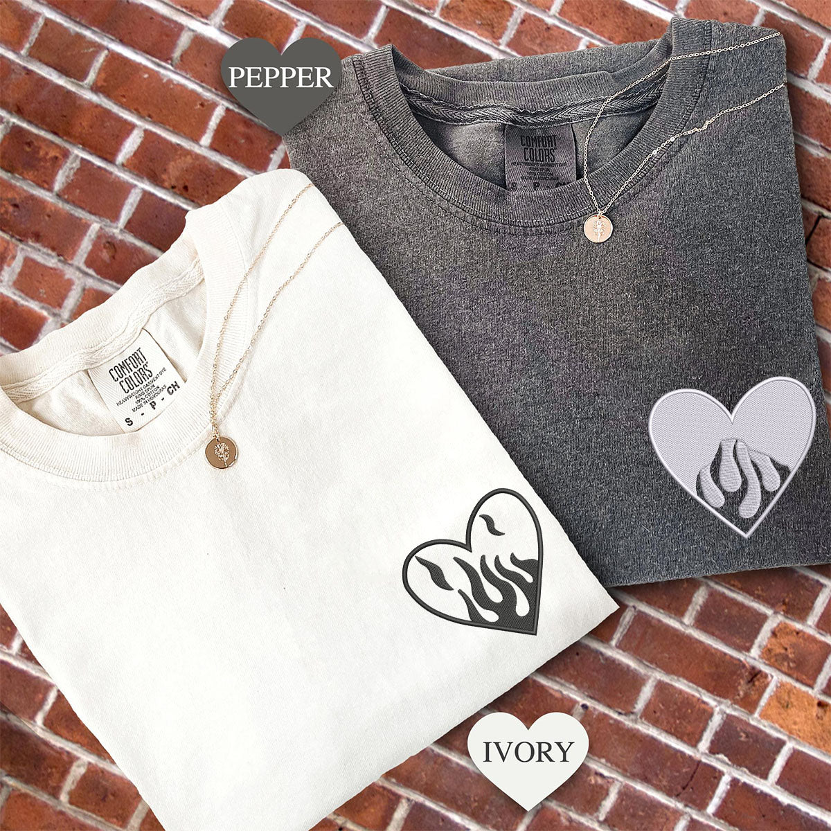 T-shirts personnalisés brodés en forme de cœur de feu pour couples