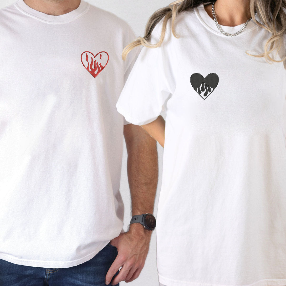 T-shirts personnalisés brodés en forme de cœur de feu pour couples