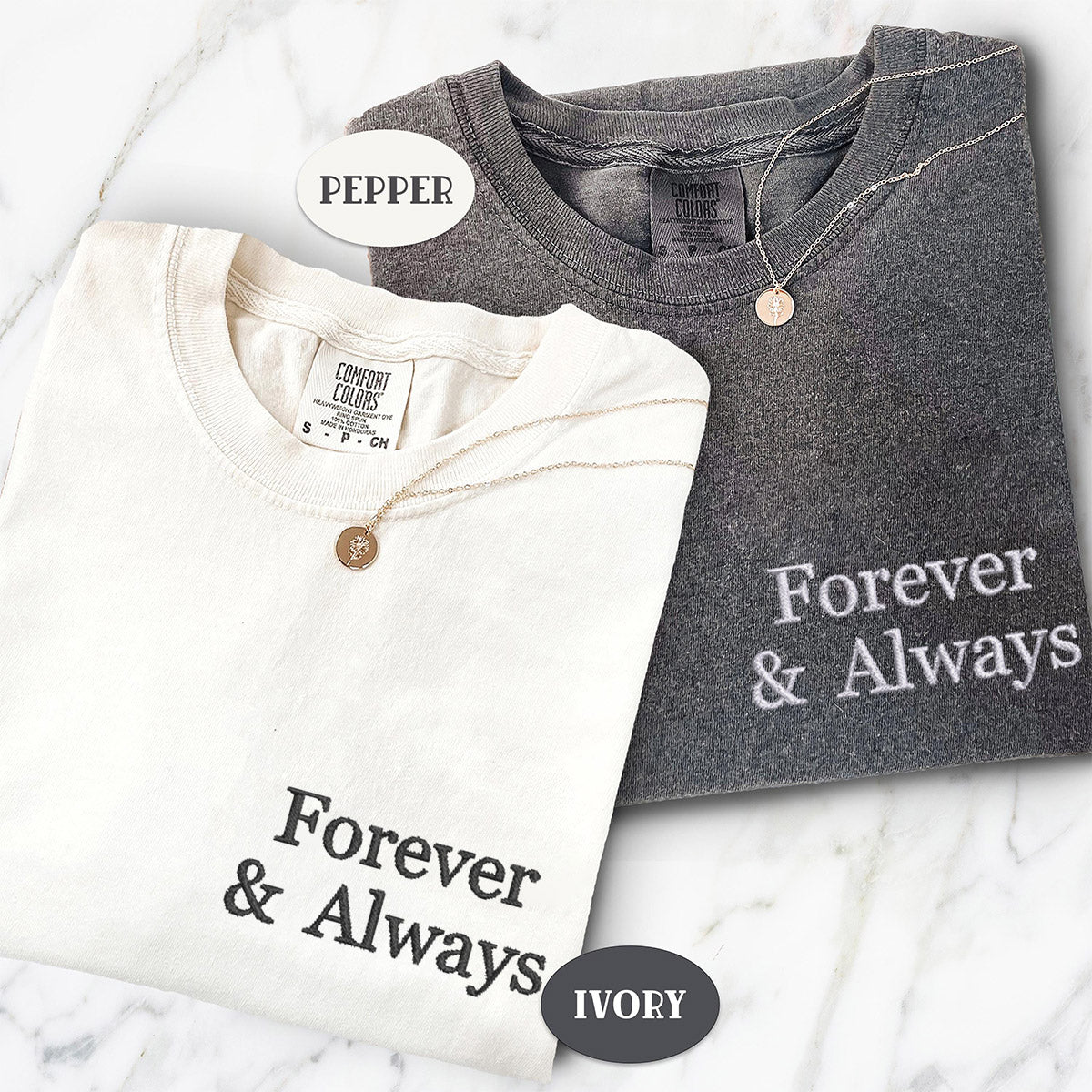 T-shirts personnalisés brodés « Forever and Always » assortis pour couples