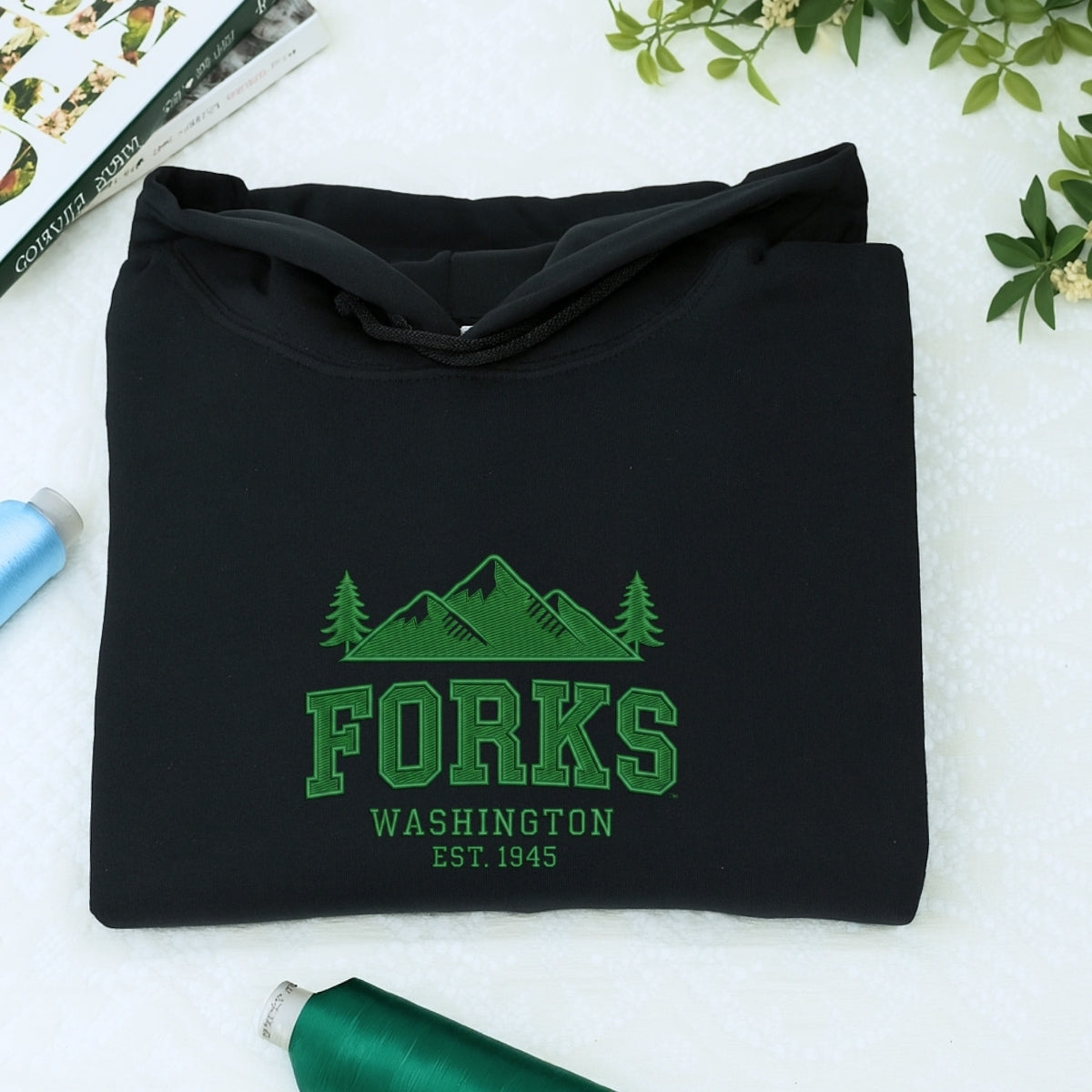Custom Embroidered Forks, Washington Sweatshirt | Twilight-Inspired Pacific Northwest Hoodie