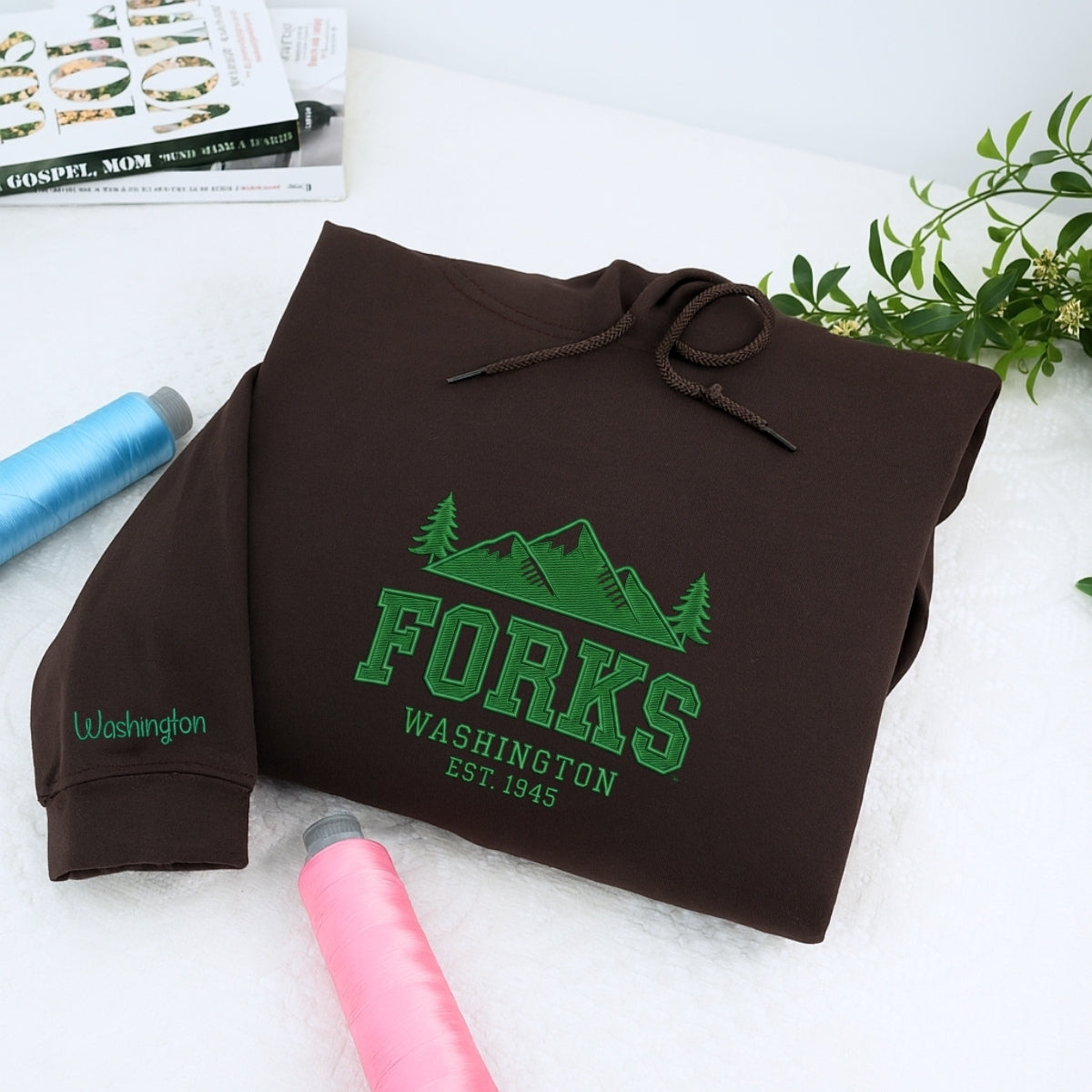 Custom Embroidered Forks, Washington Sweatshirt | Twilight-Inspired Pacific Northwest Hoodie