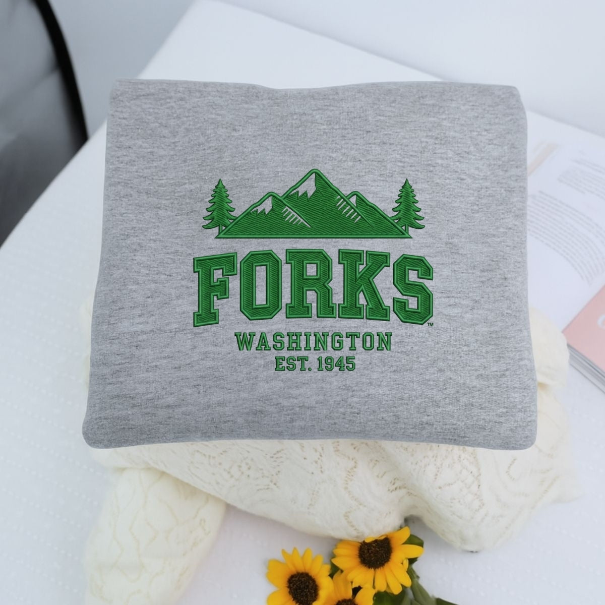 Custom Embroidered Forks, Washington Sweatshirt | Twilight-Inspired Pacific Northwest Hoodie
