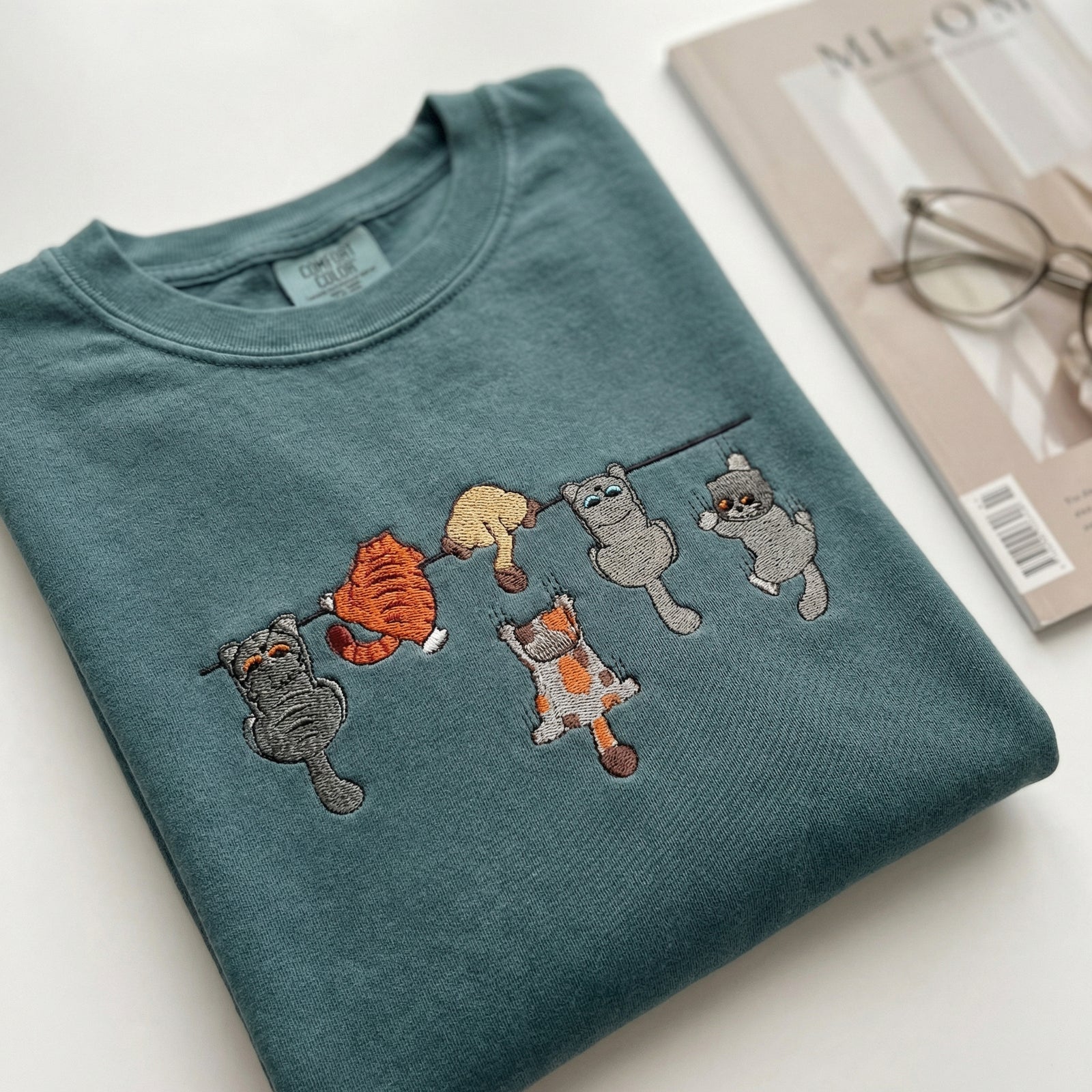 Custom Embroidered Funny Hanging Cats T-Shirt - Playful Pet Lovers Shirt