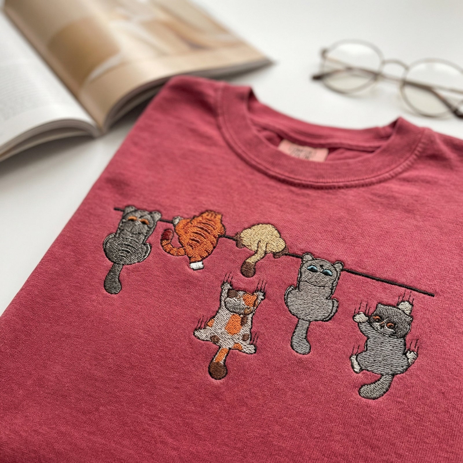 Custom Embroidered Funny Hanging Cats T-Shirt - Playful Pet Lovers Shirt