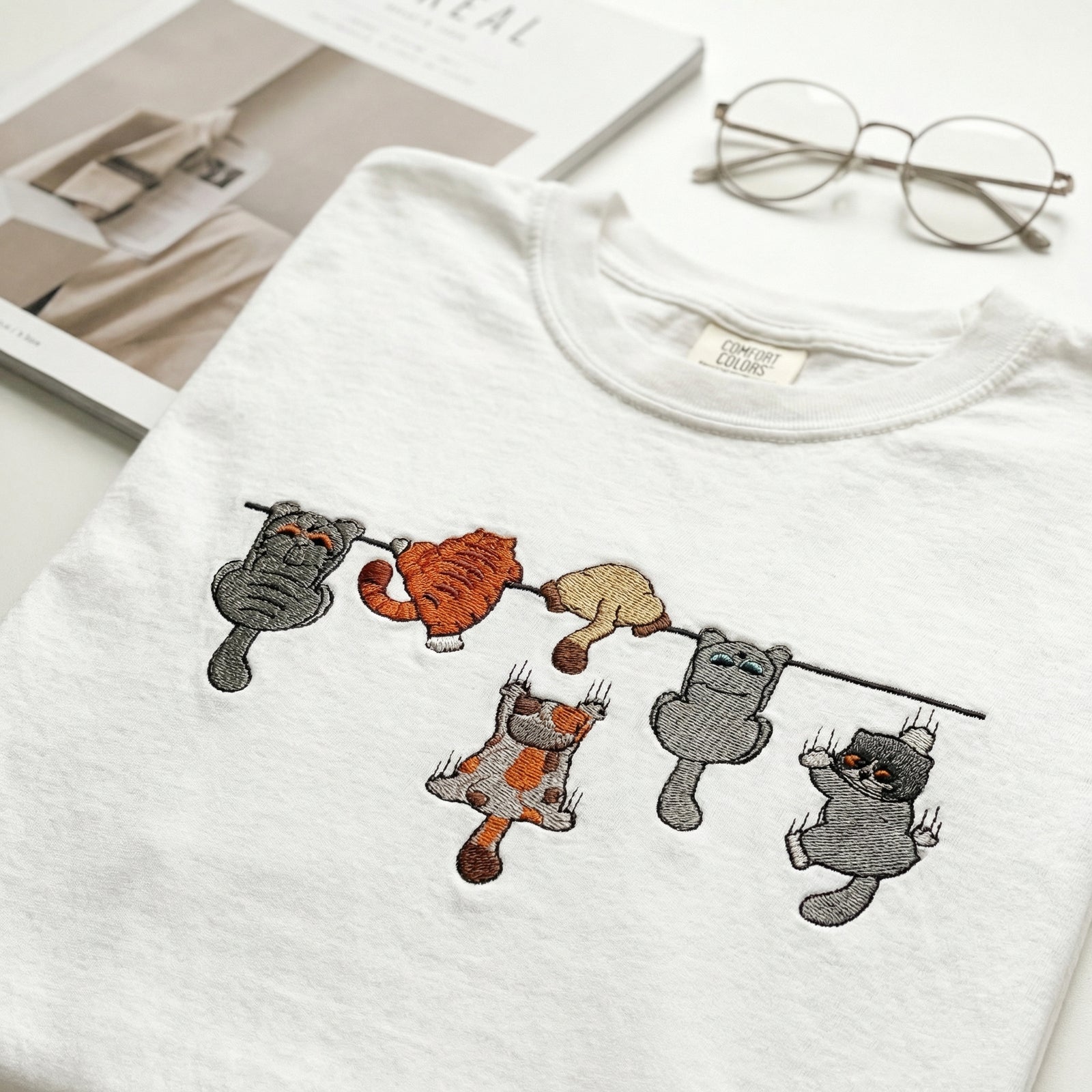 Custom Embroidered Funny Hanging Cats T-Shirt - Playful Pet Lovers Shirt