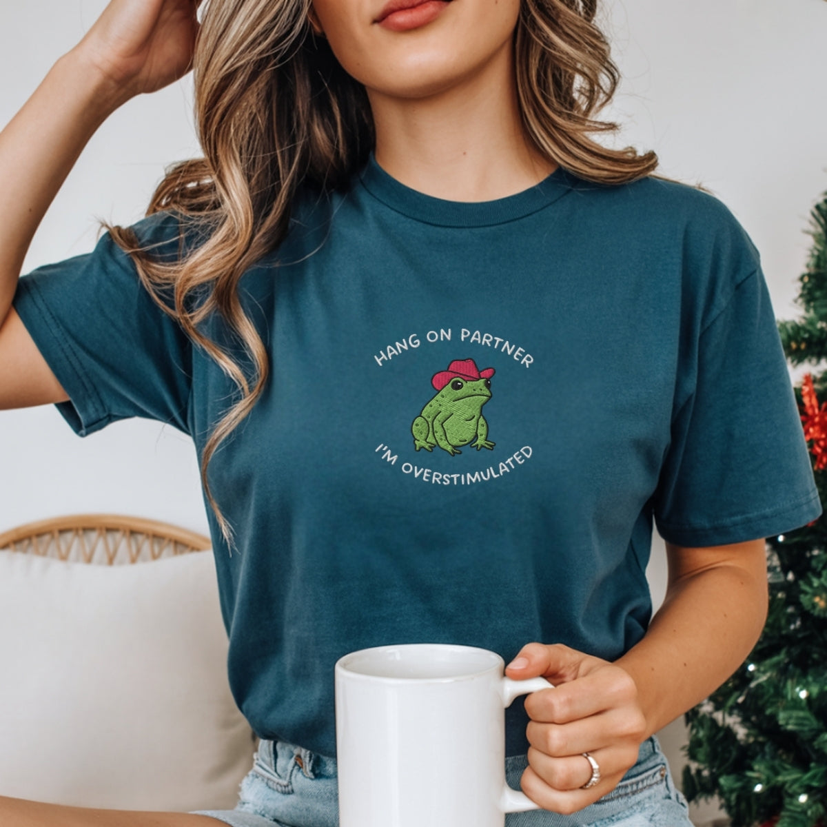 Custom Embroidered Hang On Partner Frog T-Shirt - Funny Embroidered Western Tee