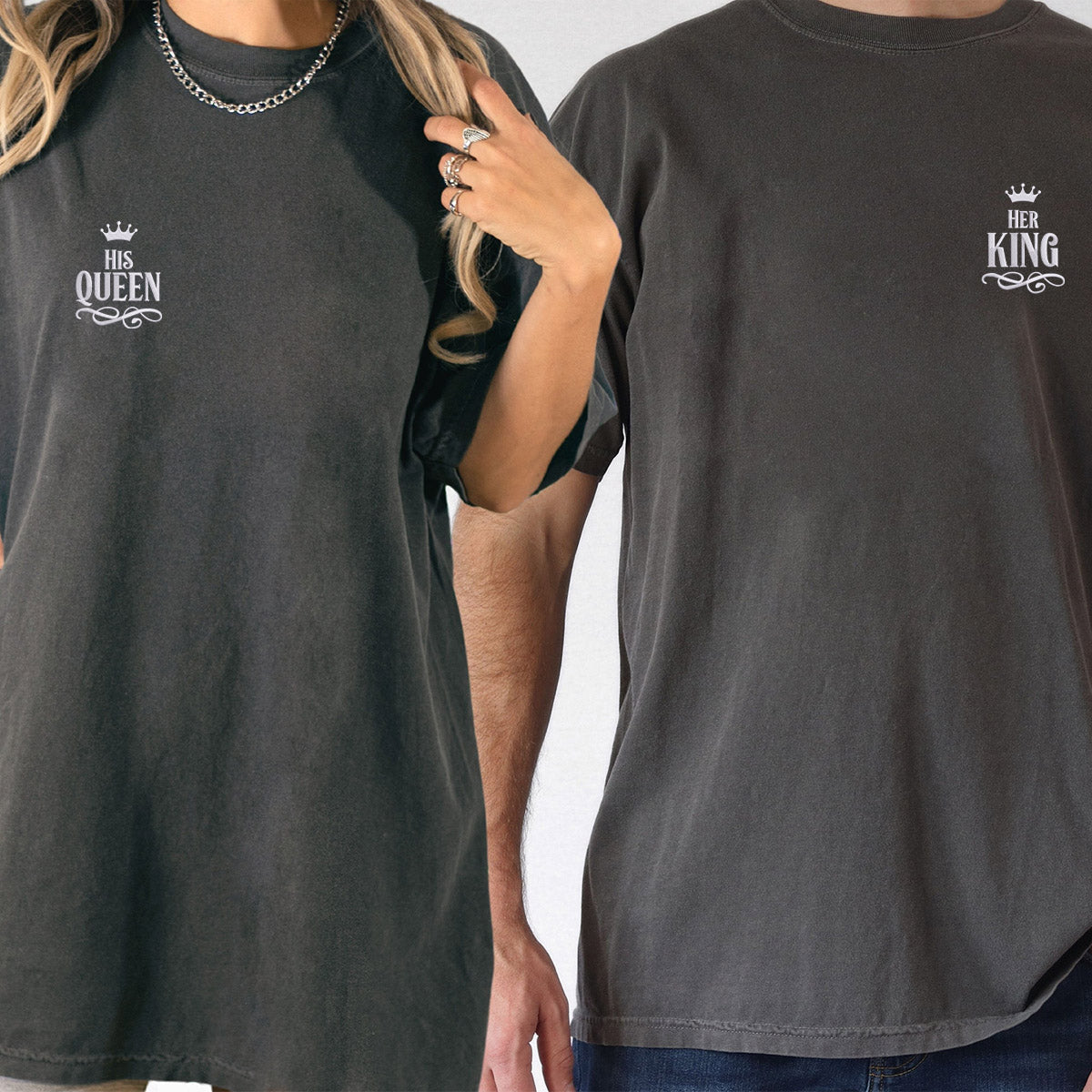 Individuell bestickte T-Shirts für Paare, passend zu „Her King x His Queen“