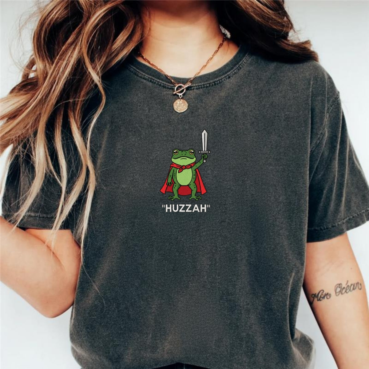 Custom Embroidered Huzzah Frog T-Shirt | Funny DnD Renaissance Faire Tee – Medieval Fantasy Gamer Gift