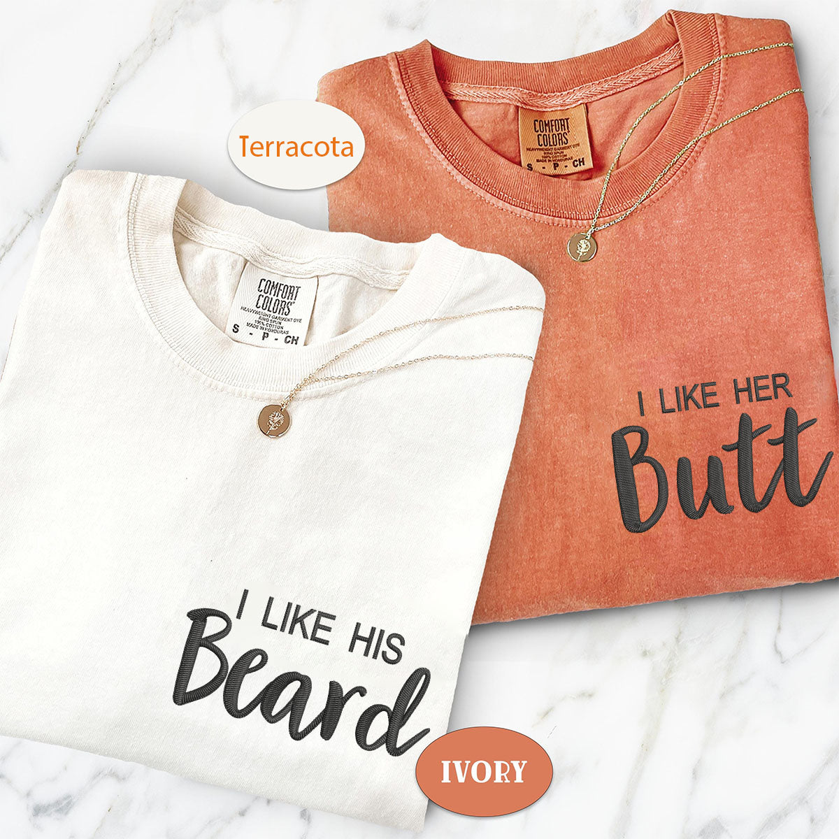 Individuell bestickte „I Like His Beard“-T-Shirts für Paare