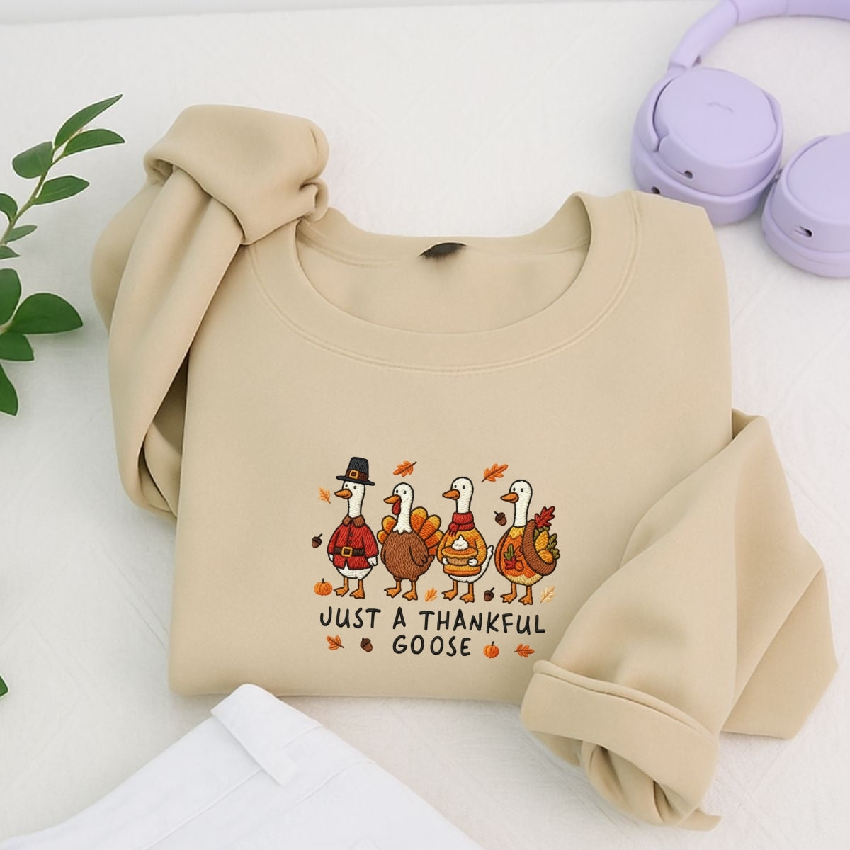 Custom Embroidered Just a Thankful Goose Hoodie | Funny Thanksgiving Sweatshirt – Fall Pumpkin Goose Embroidery Gift