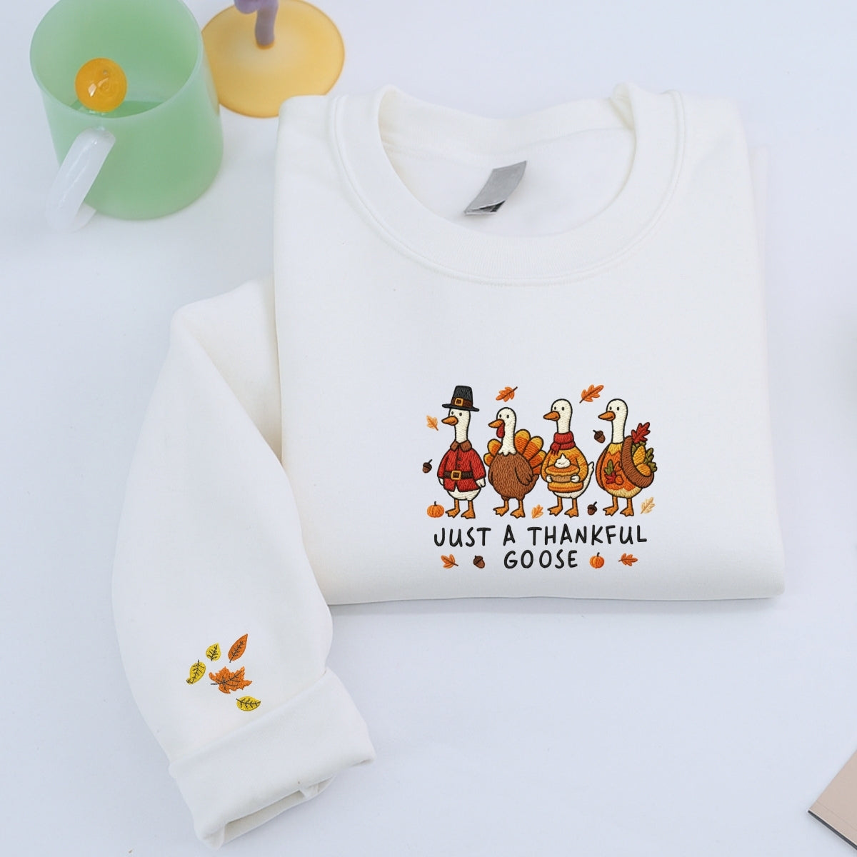 Custom Embroidered Just a Thankful Goose Hoodie | Funny Thanksgiving Sweatshirt – Fall Pumpkin Goose Embroidery Gift